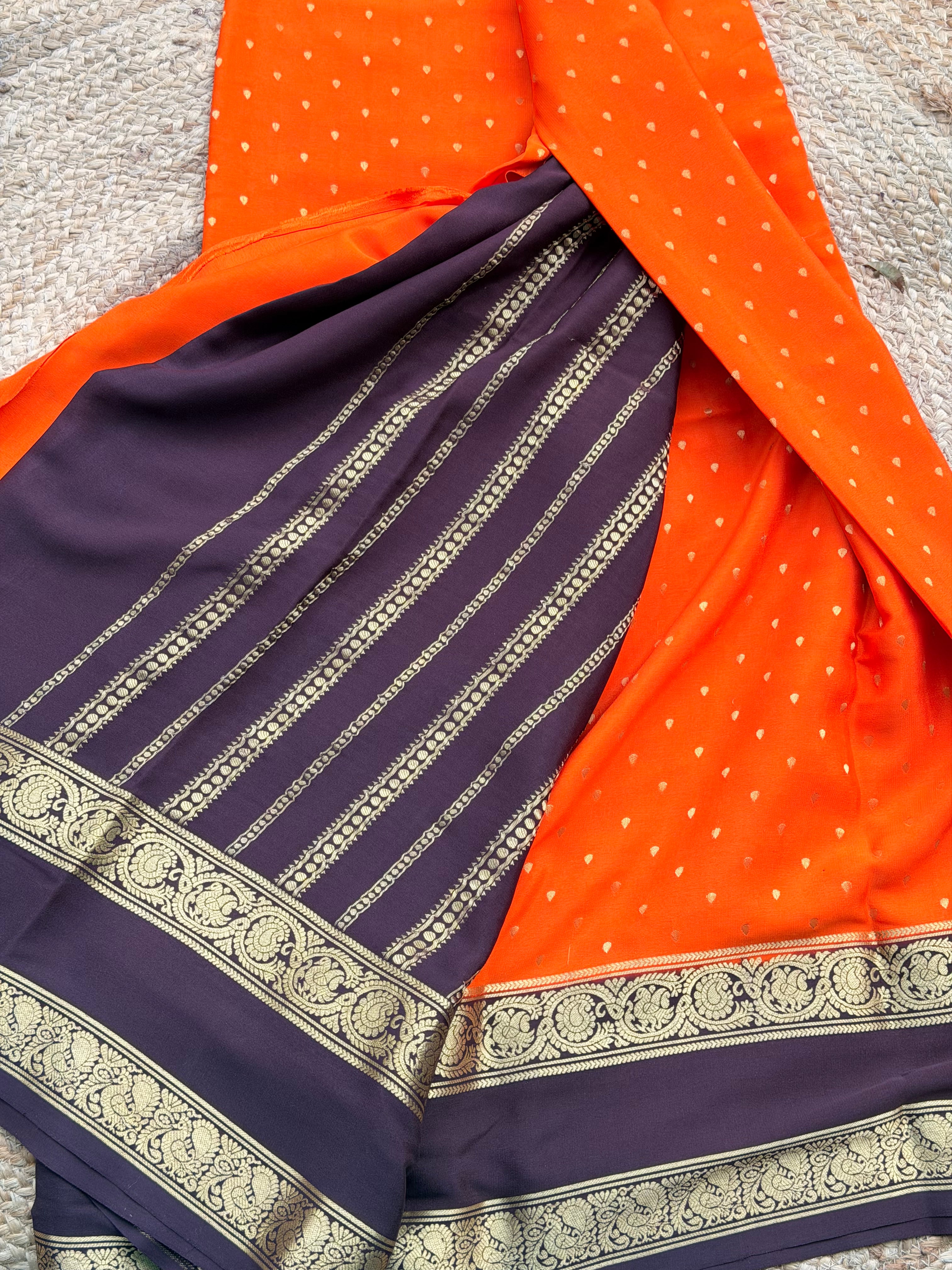 Orange and deep coffee brown 1000 butta pure crepe Mysore silk 120 gsm