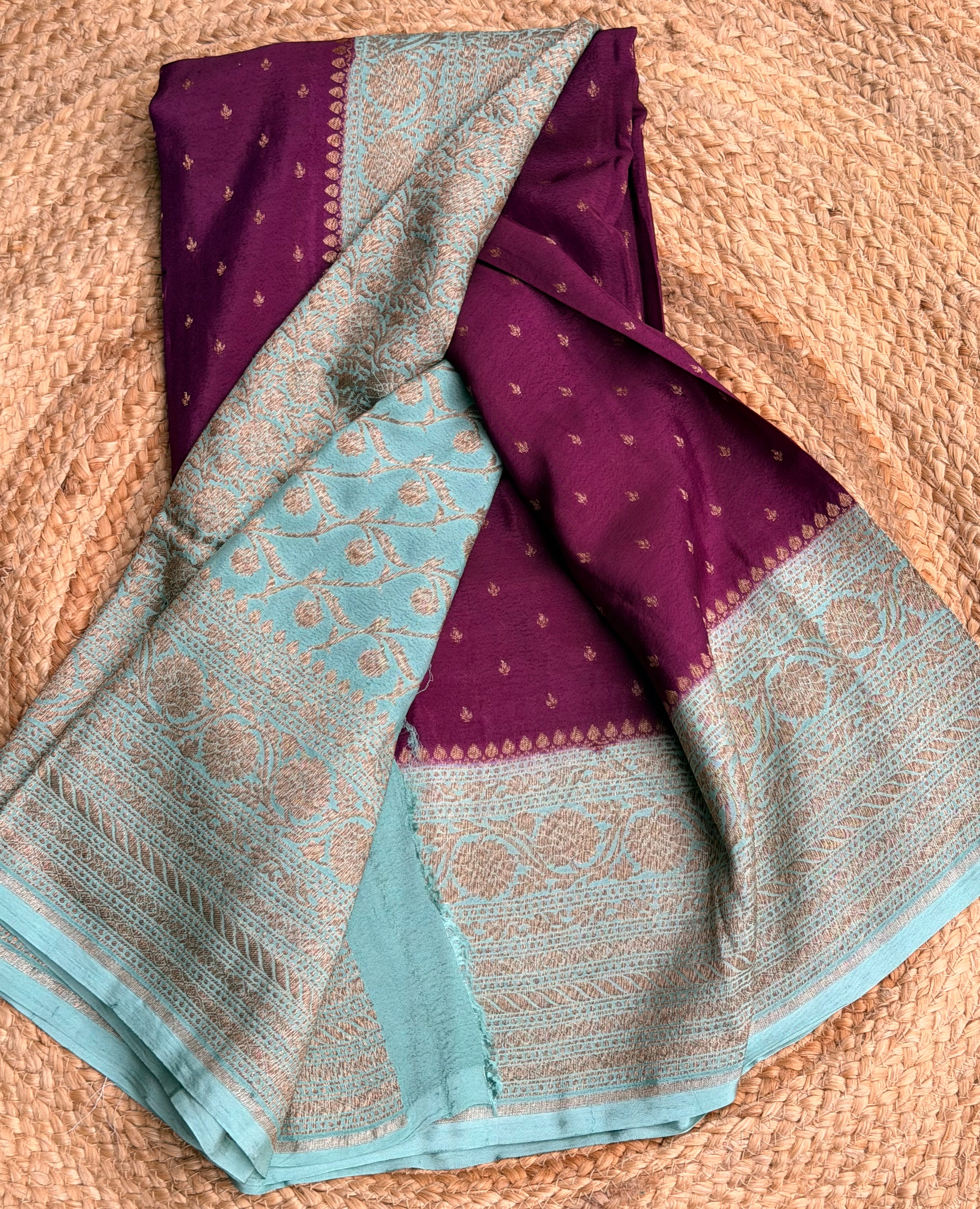 Wine n sea green small butta benarasi crepe saree