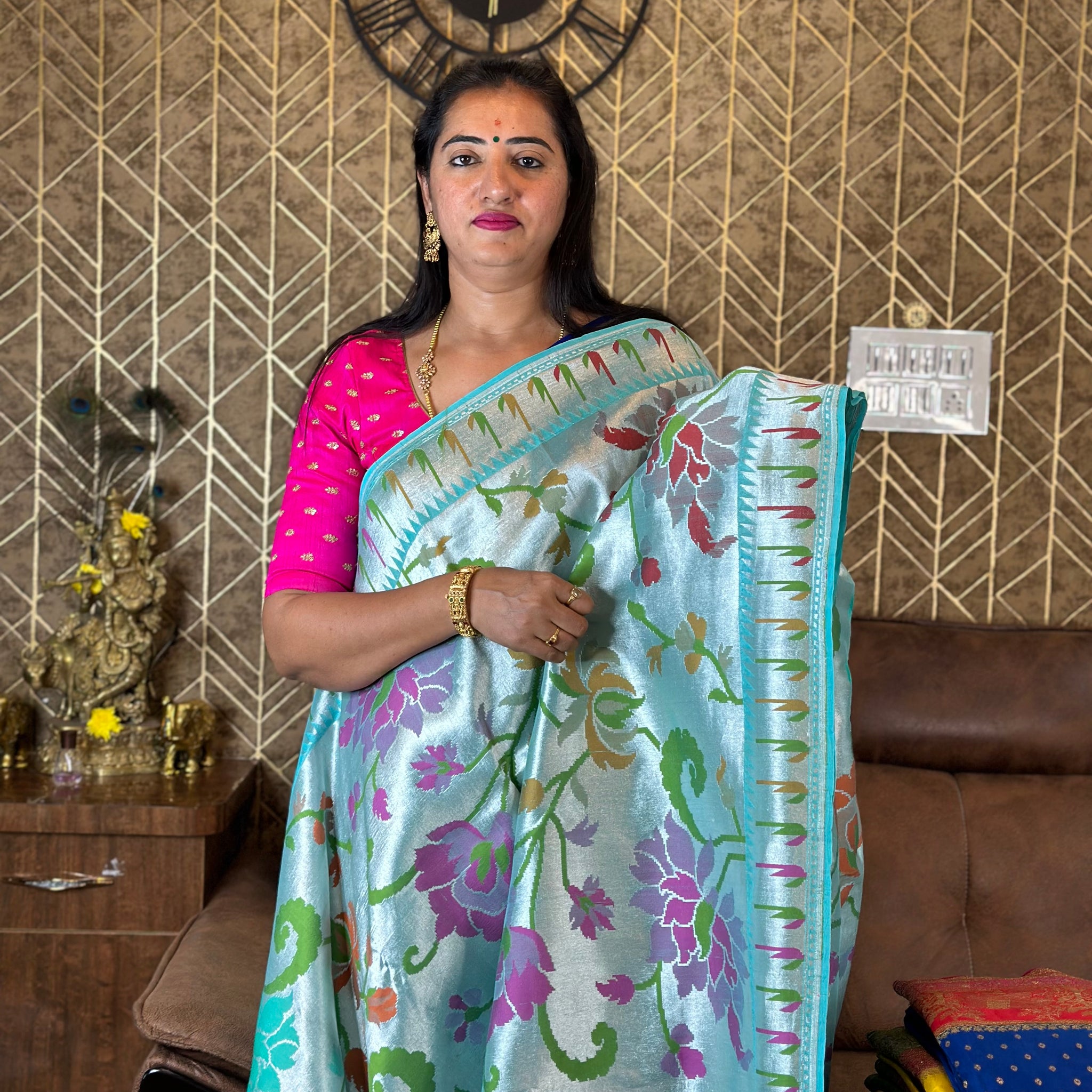 Rama blue Pure tusser tissue with Paithani muniya borde concept.