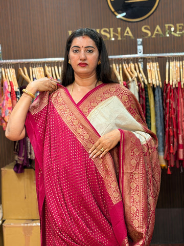 Pure crepe Banaras Half white and pink patley pallu concept