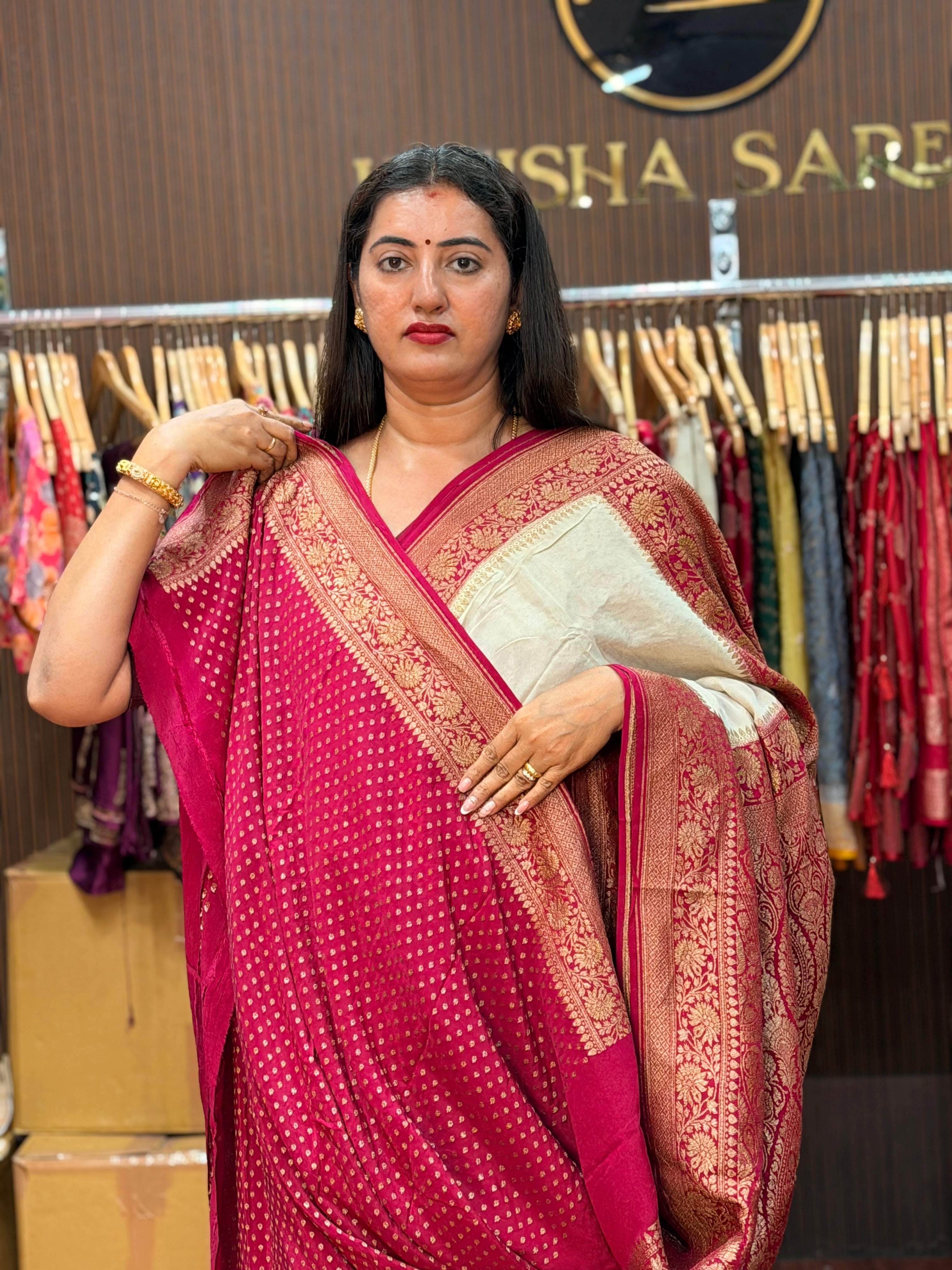 Pure crepe Banaras Half white and pink patley pallu concept