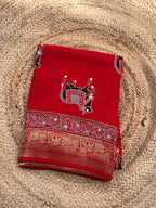 Red Ajrak dola mirror work with premium zari