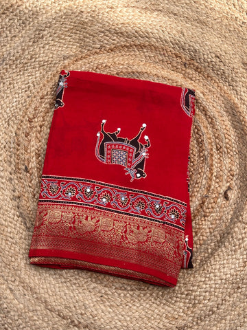 Red Ajrak dola mirror work with premium zari