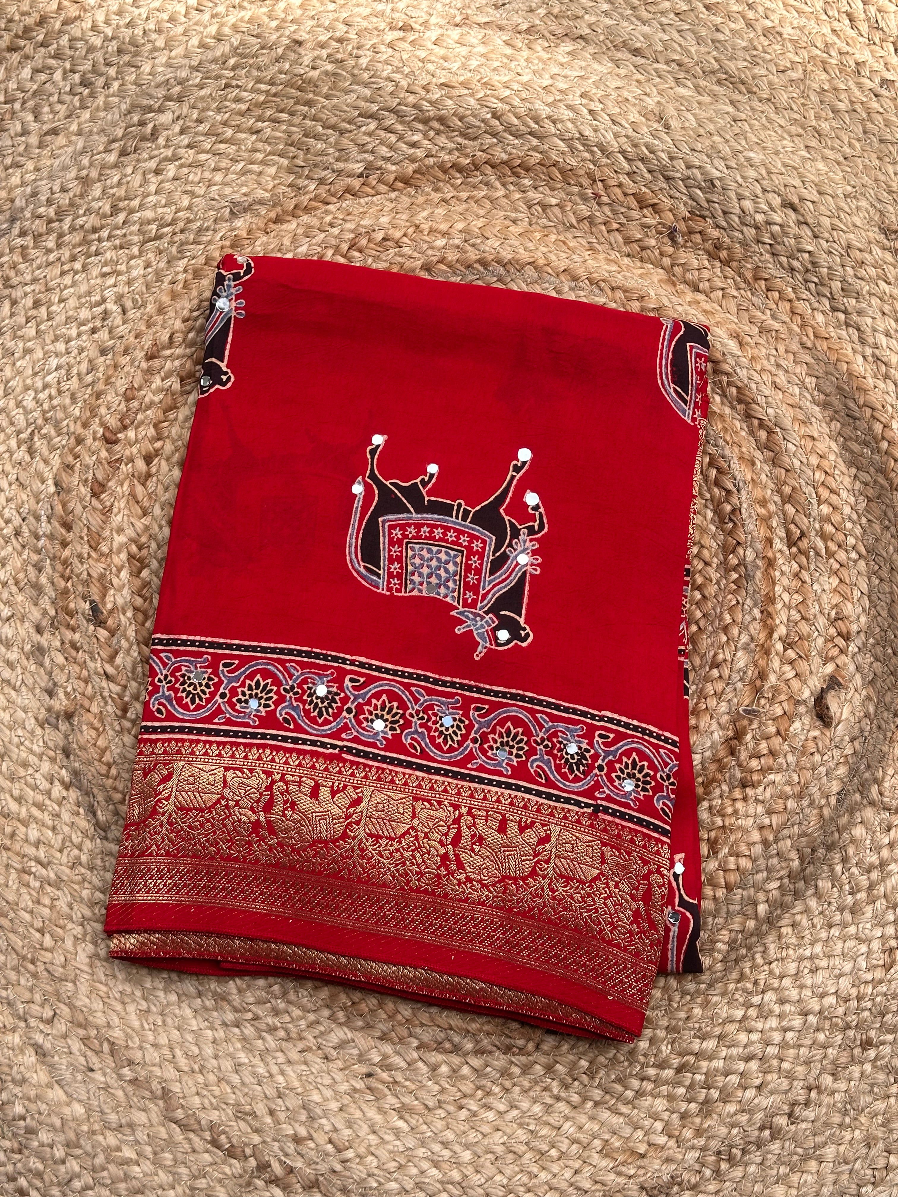 Red Ajrak dola mirror work with premium zari