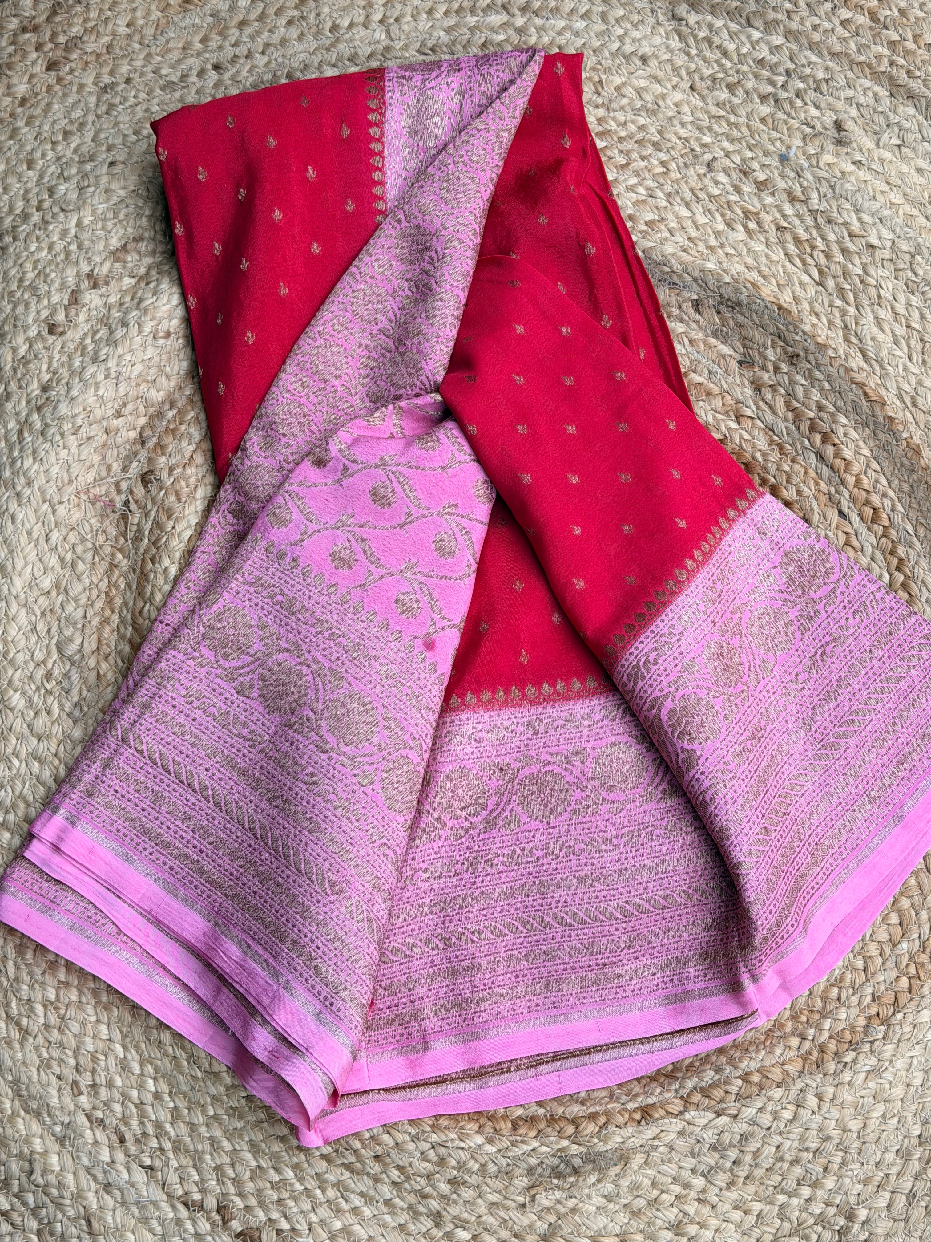 Red n light pink small butta benarasi crepe saree