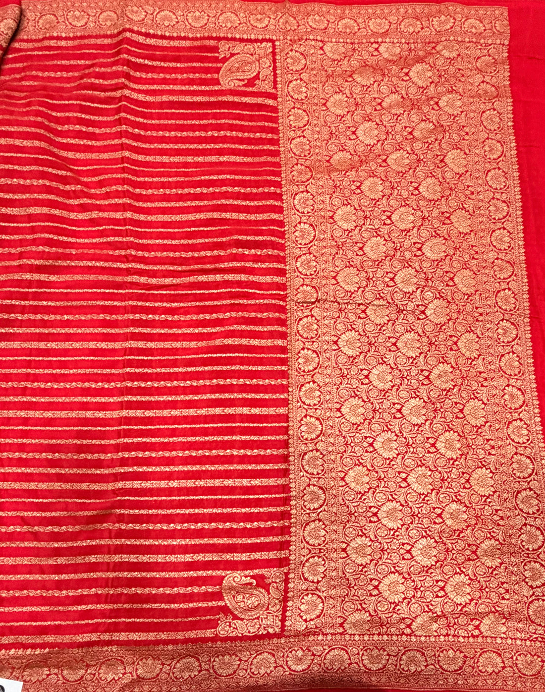 Red stripes pure benarasi crepe silk saree