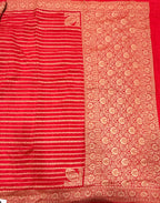 Red stripes pure benarasi crepe silk saree