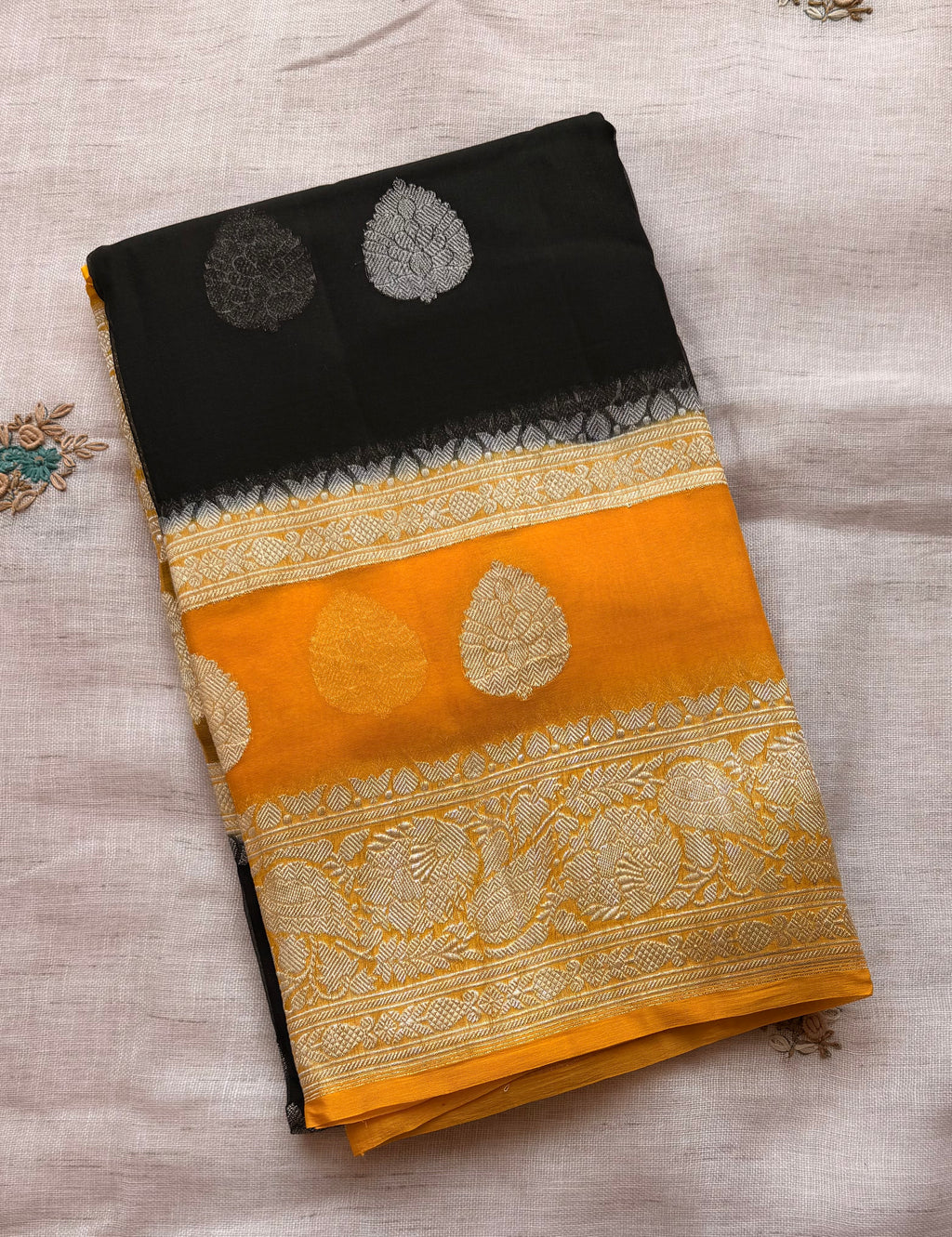 Black double border Banarasi pure khadi chiffon saree sliver zari saree