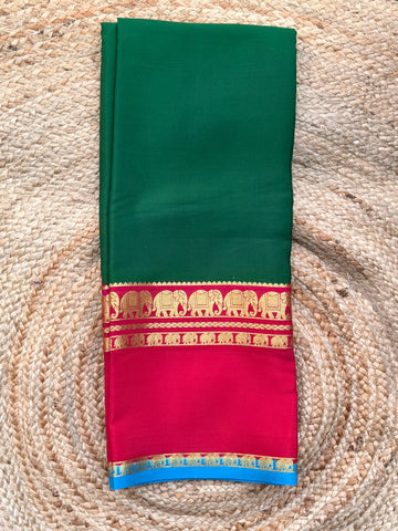Mysuru Silk Crepe- Elephant 3 D Border (120 gsm) Green with pink and maroon border