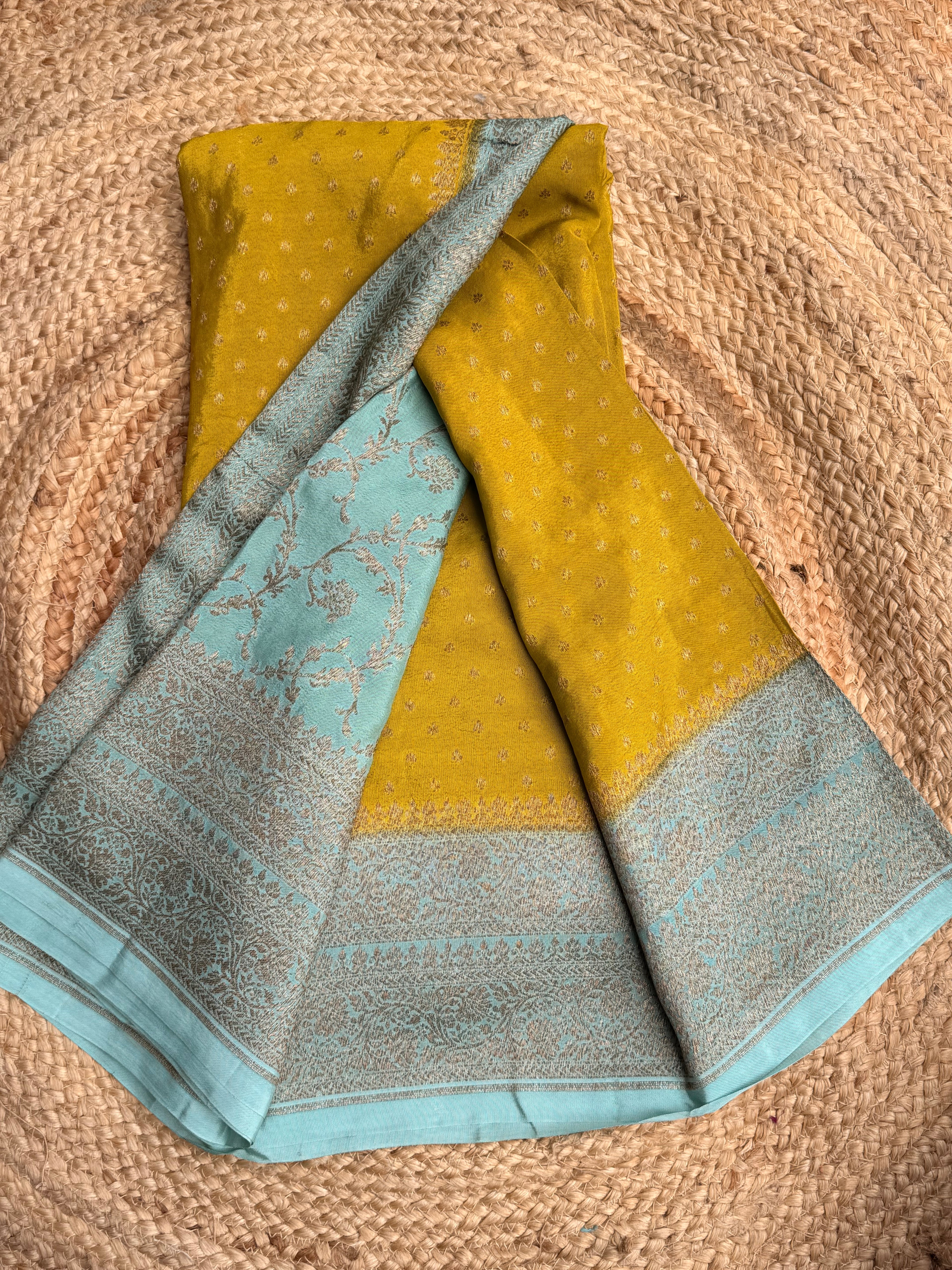 Mehendi green n sea green small butta benarasi crepe saree
