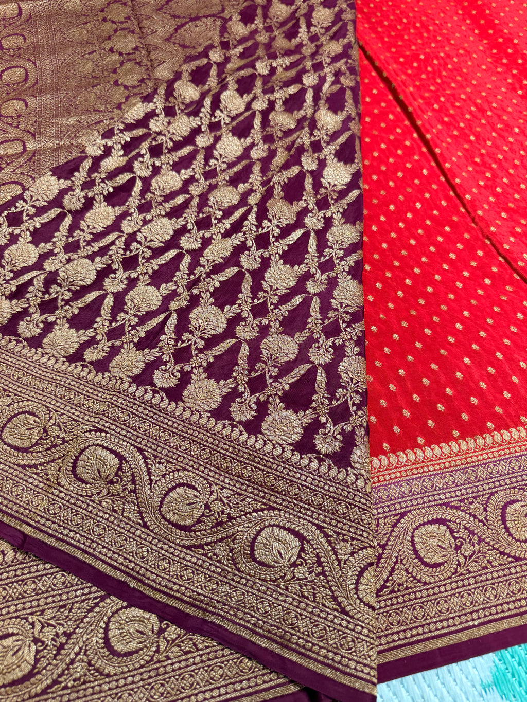 Red n wine pure benarasi crepe silk saree