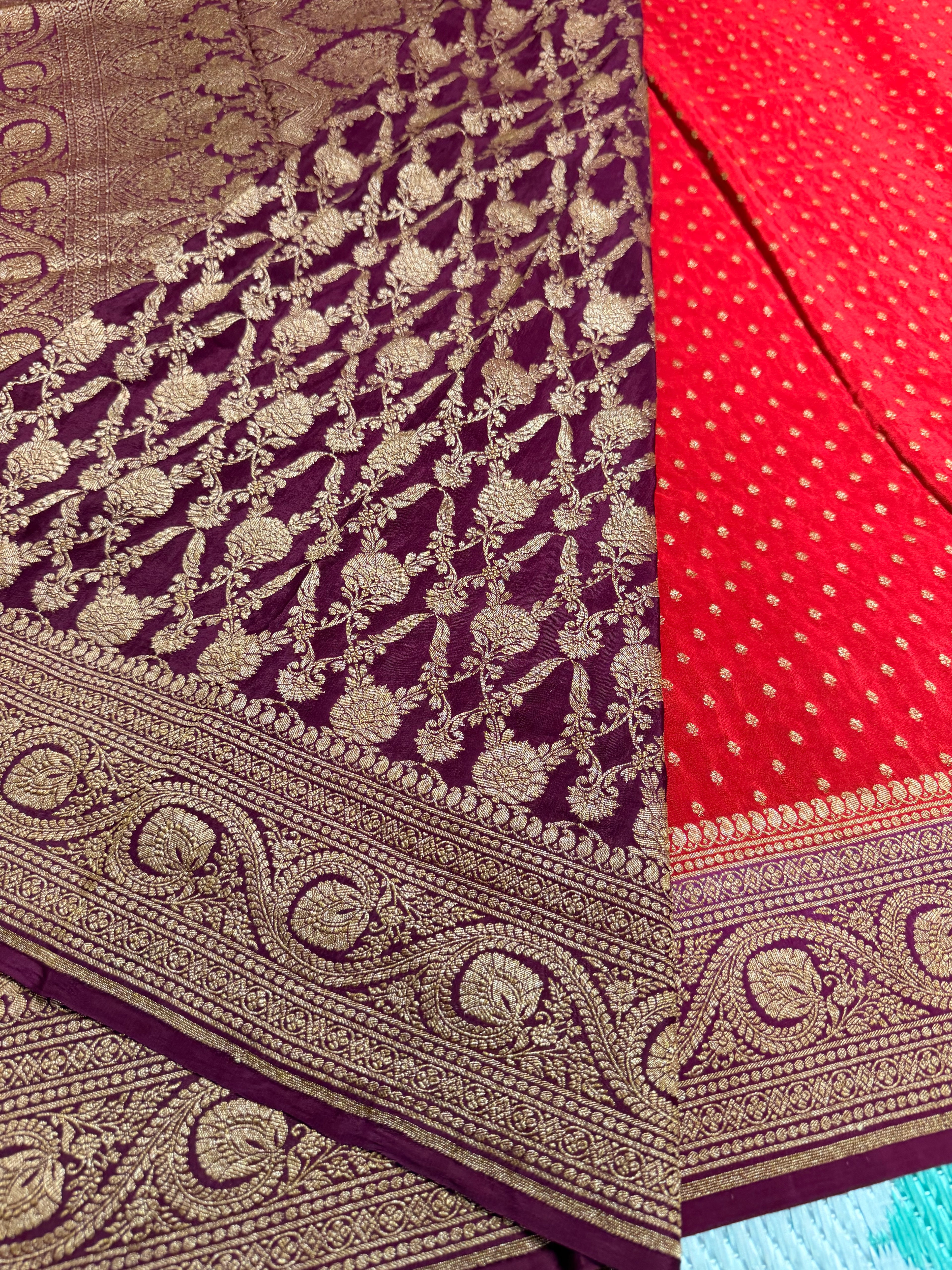 Red n wine pure benarasi crepe silk saree