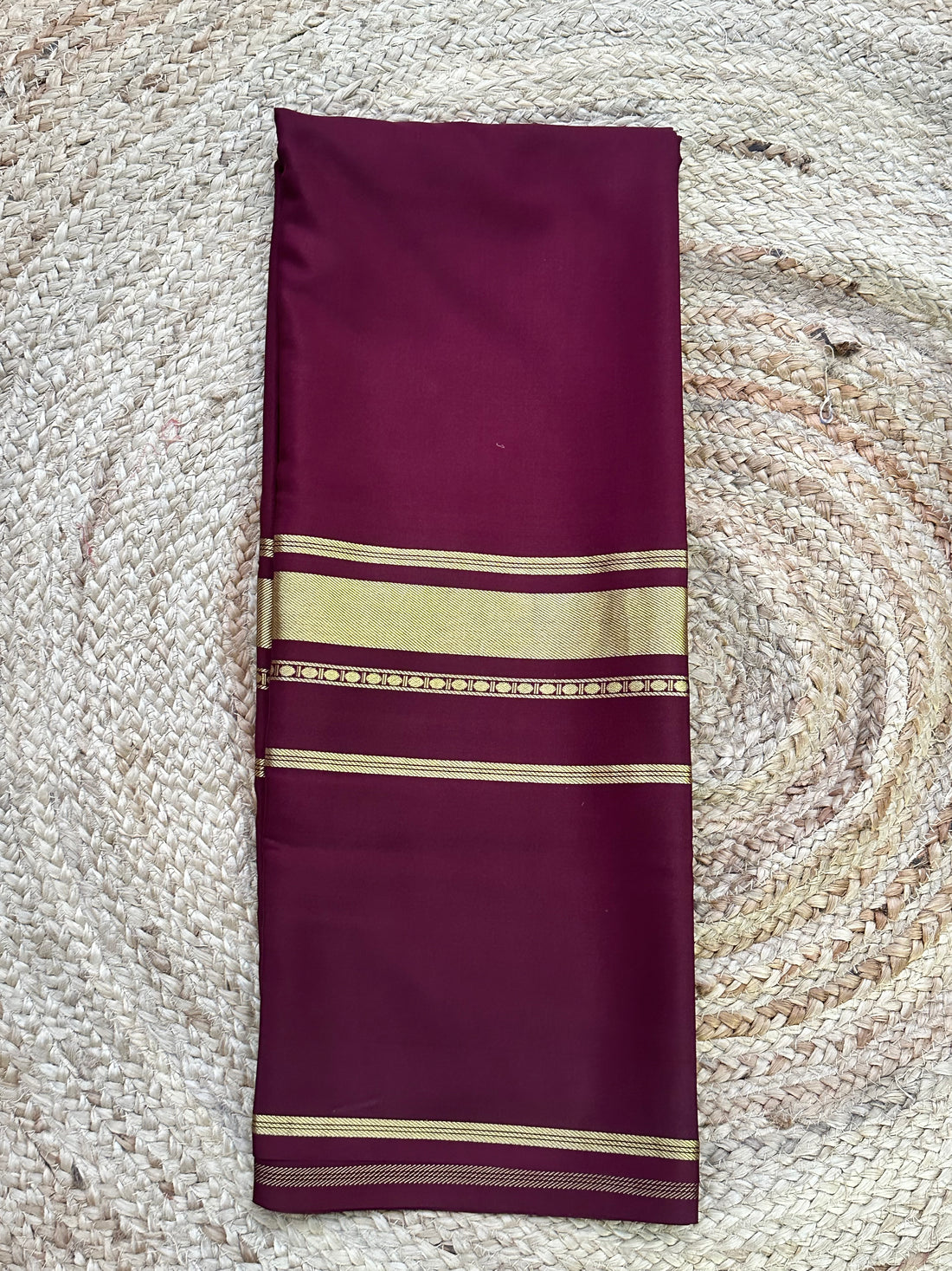 Deep coffee brown 4 line border pure crepe Mysore Silk