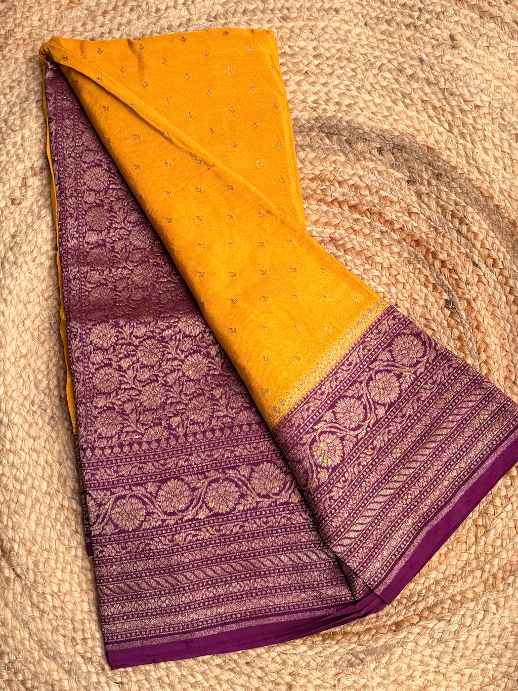 Yellow n magenta small butta benarasi crepe saree
