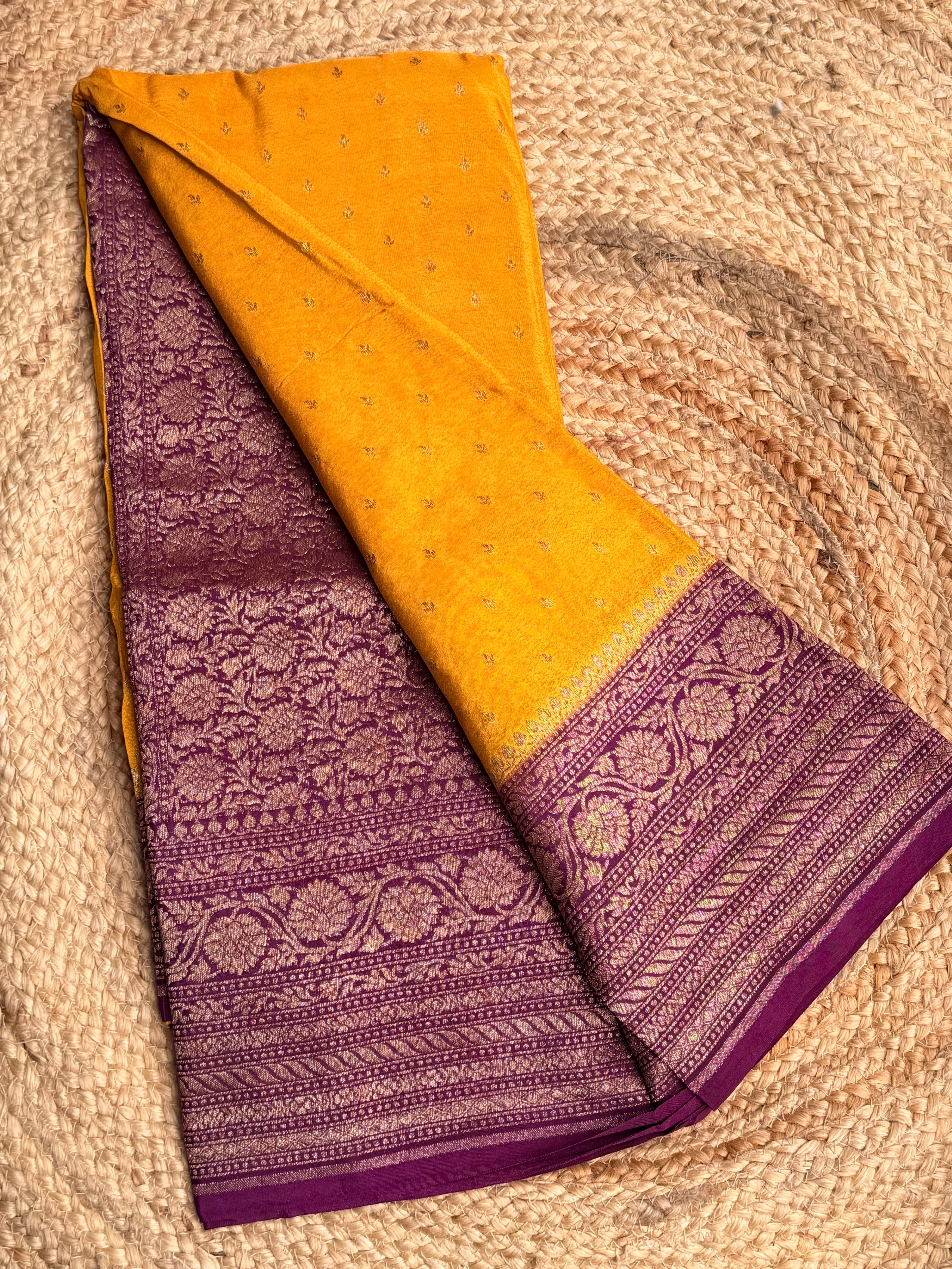 Yellow n magenta small butta benarasi crepe saree
