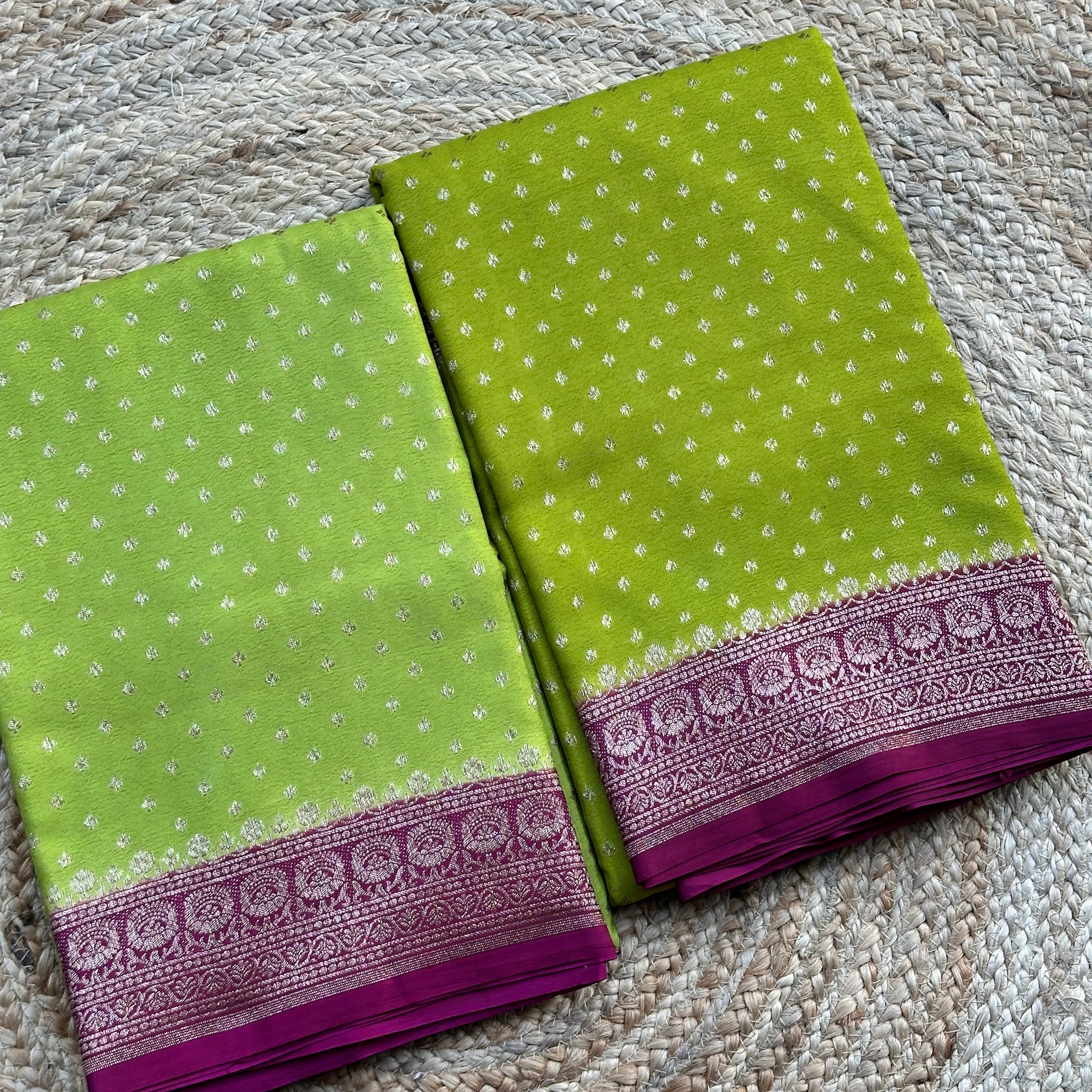 Green and Mejentha Banarasi crepe chiffon sarees antique zari