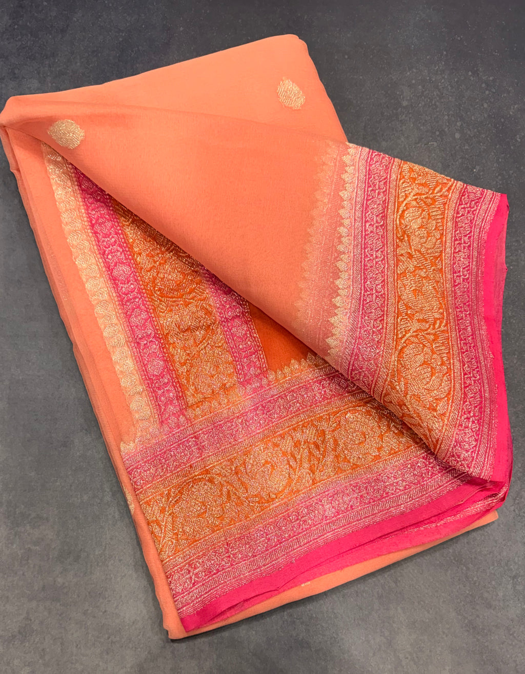 Peach 3D Banarasi pure khadi chiffon saree sliver zari saree