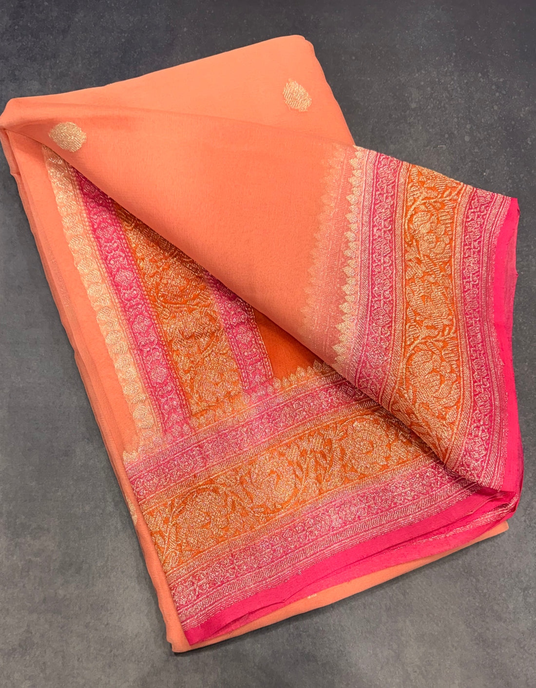 Peach 3D Banarasi pure khadi chiffon saree sliver zari saree