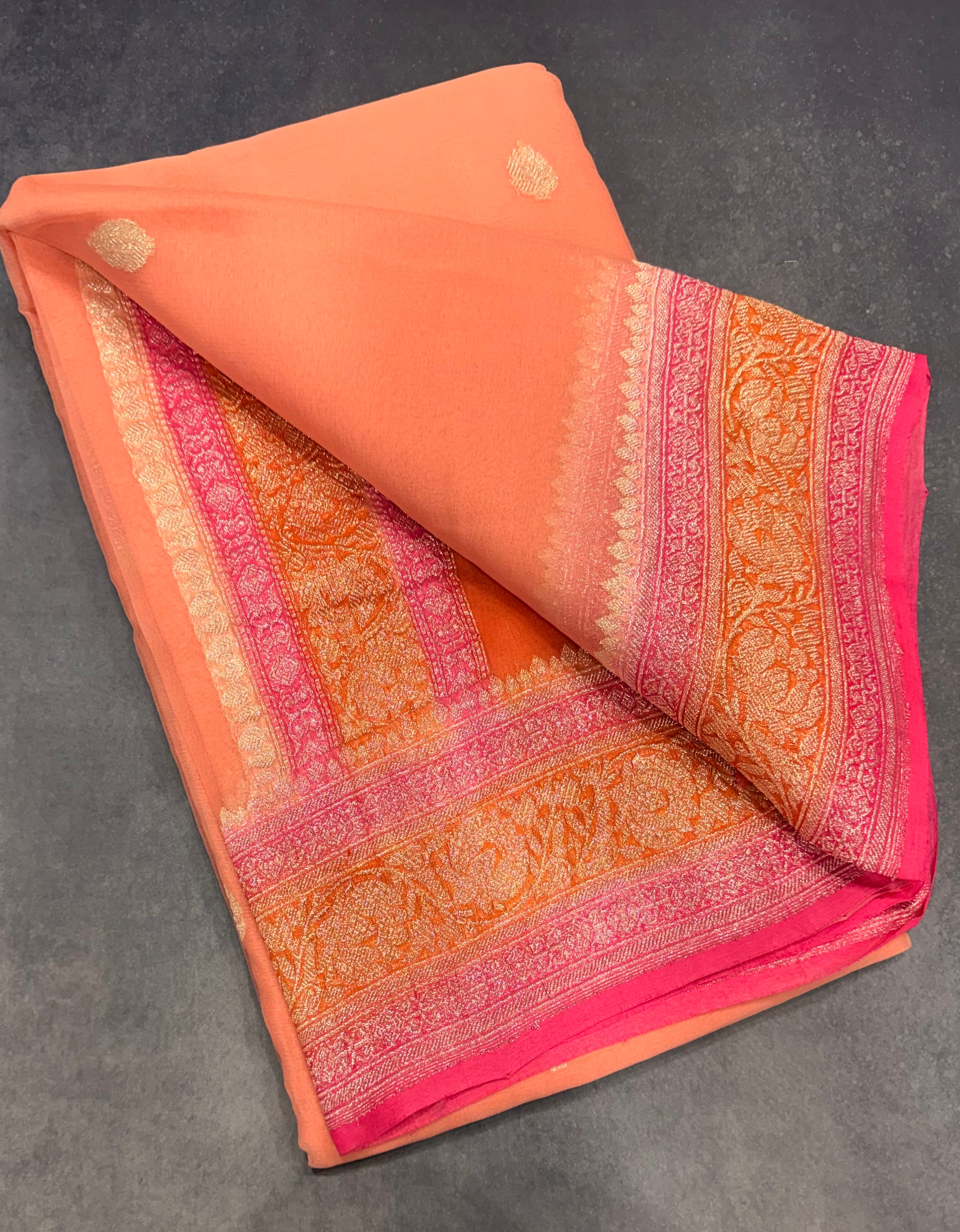 Peach 3D Banarasi pure khadi chiffon saree sliver zari saree