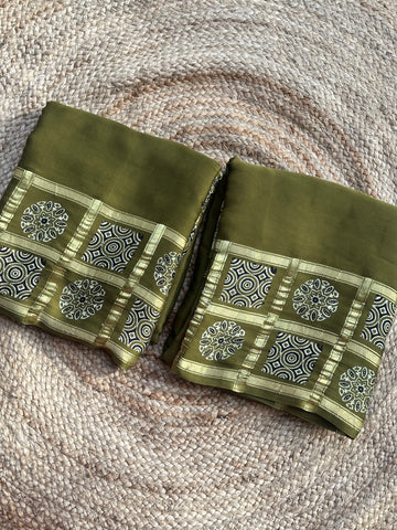 Mehendi green Ajrak modal silk sarees with out block prints