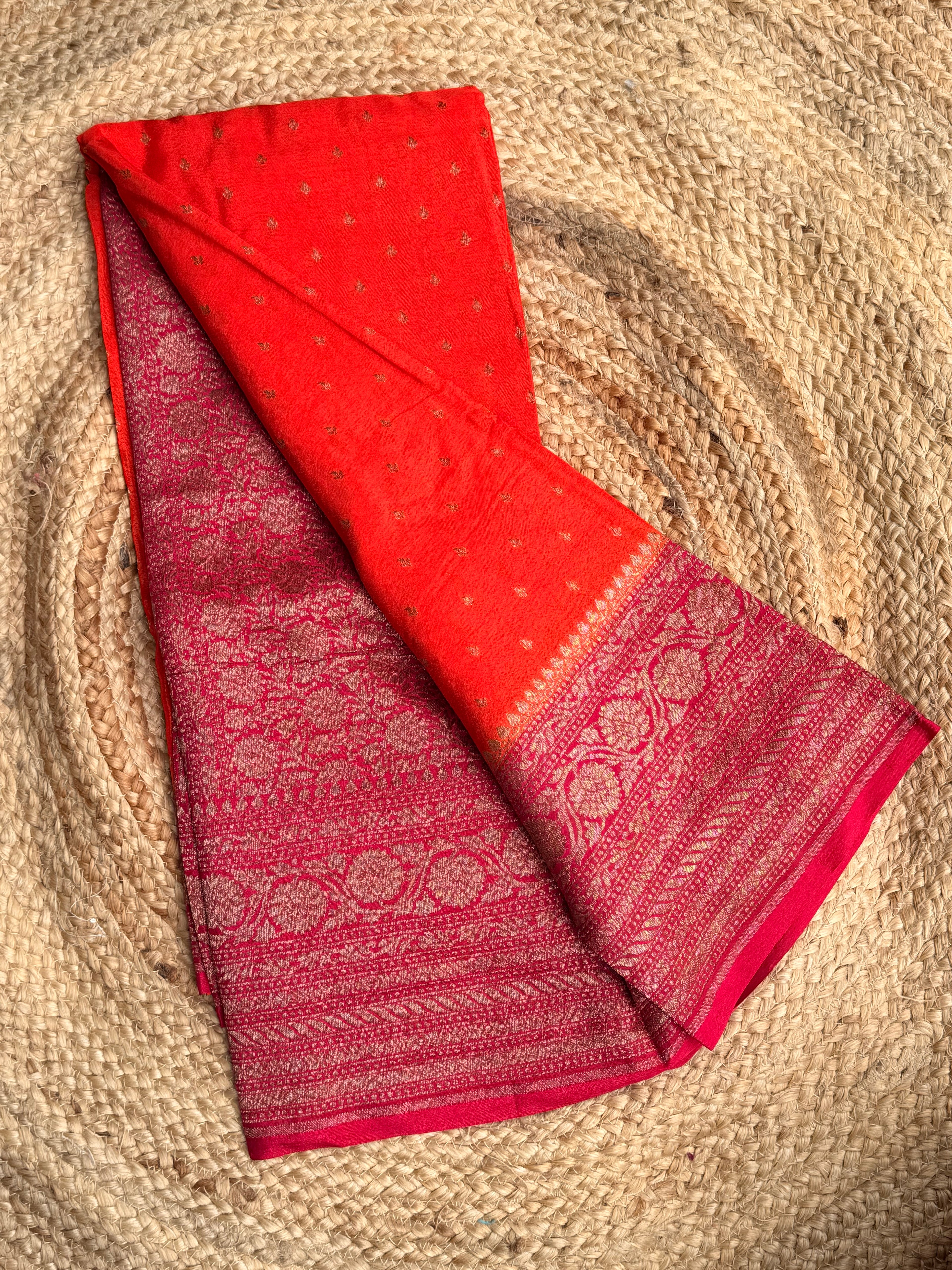 Orange n red small butta benarasi crepe saree