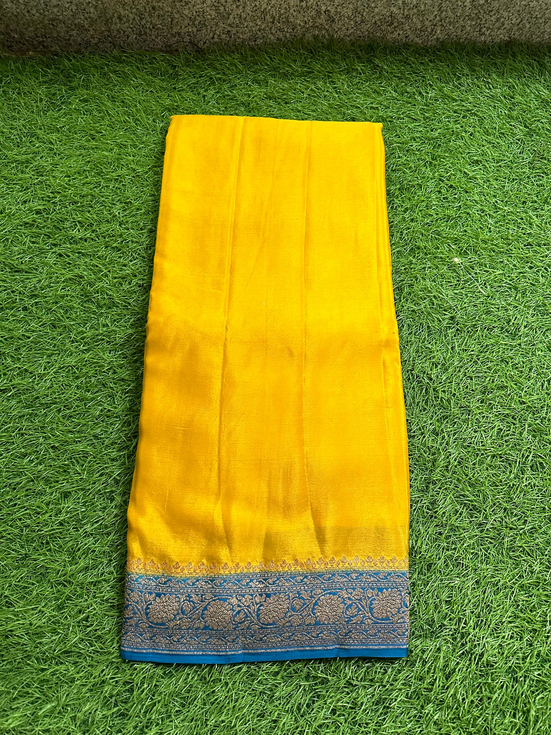 Yellow and peacock blue pure crepe Banaras plain with brocade blouse