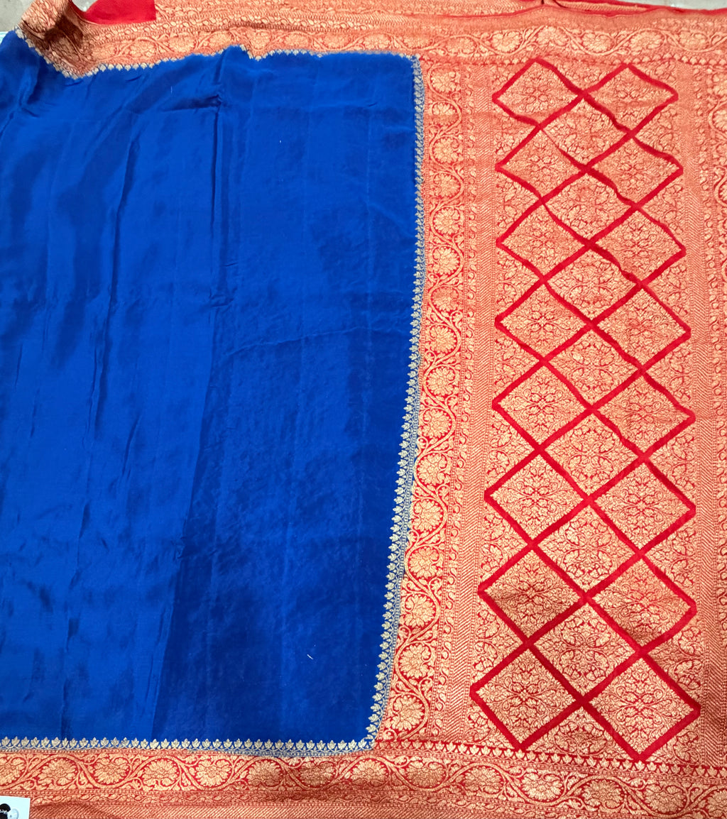 Blue n red partly pallu pure benarasi crepe silk saree