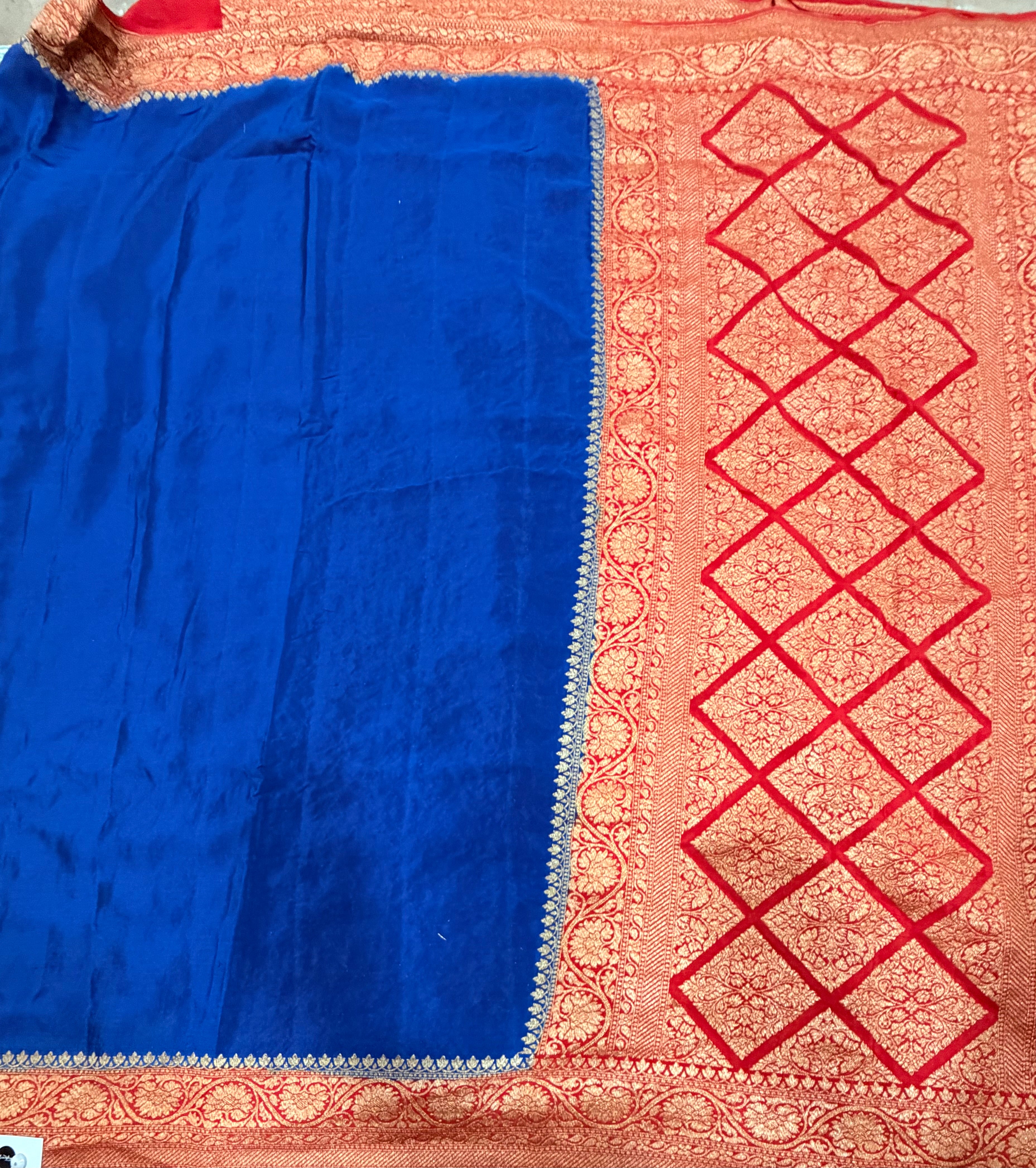 Blue n red partly pallu pure benarasi crepe silk saree