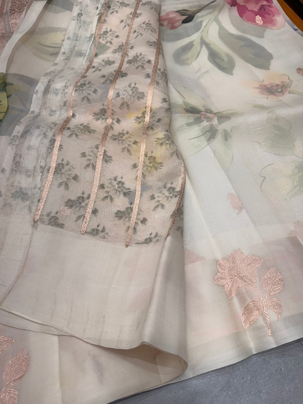 Cream digital print Banarasi pure tissue chiffon saree sliver zari saree