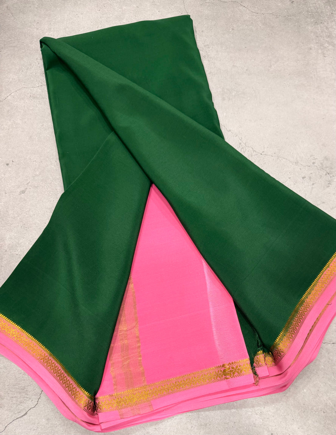 Bottle green one inch border pure Mysore silk crepe saree
