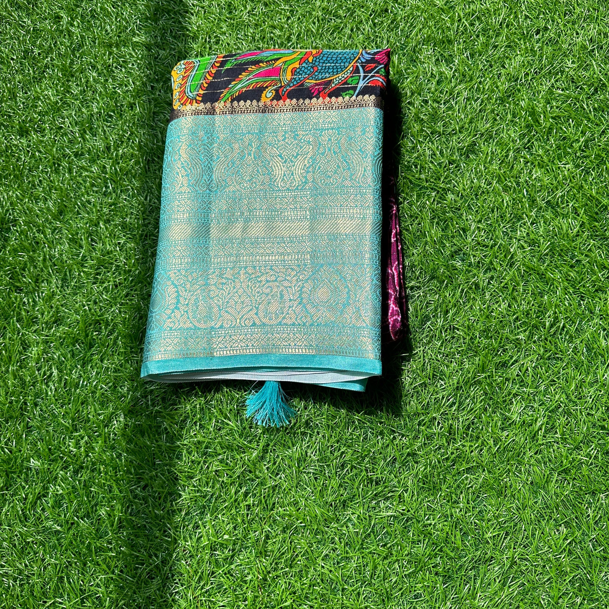 Wine with sky blue, digital kalamkari prints.