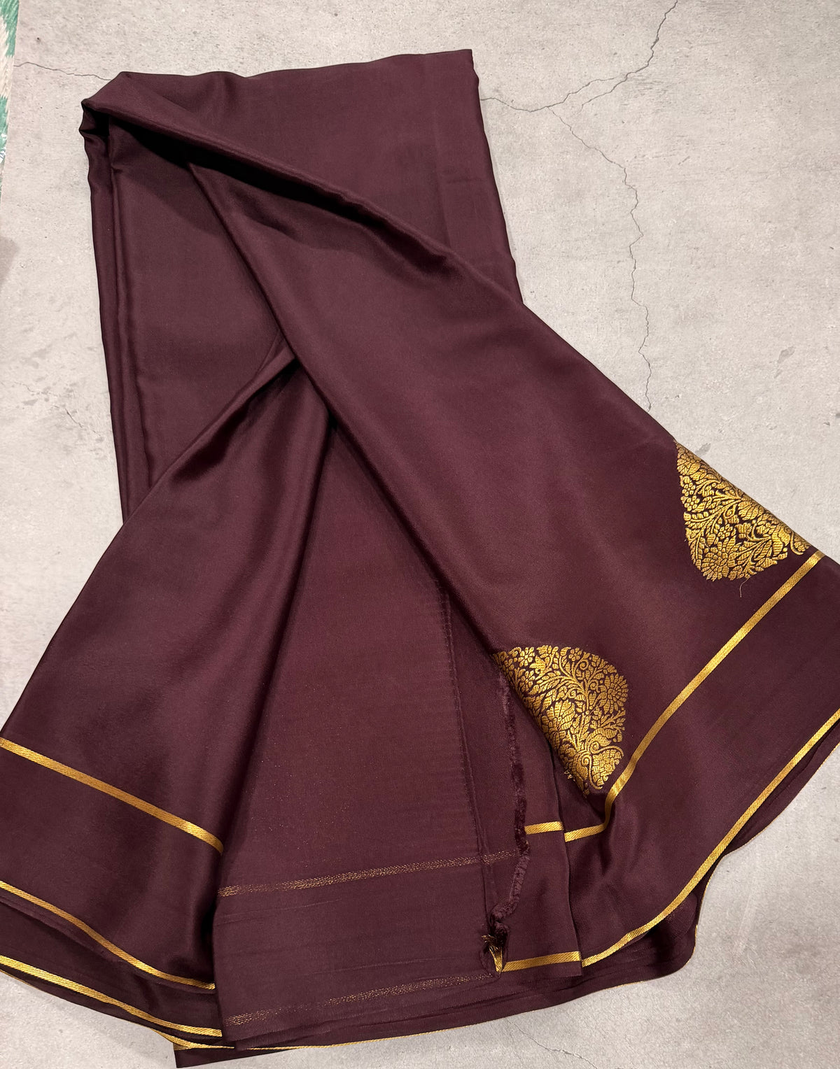 Dark brown  leaf big butta pure Mysore silk crepe saree