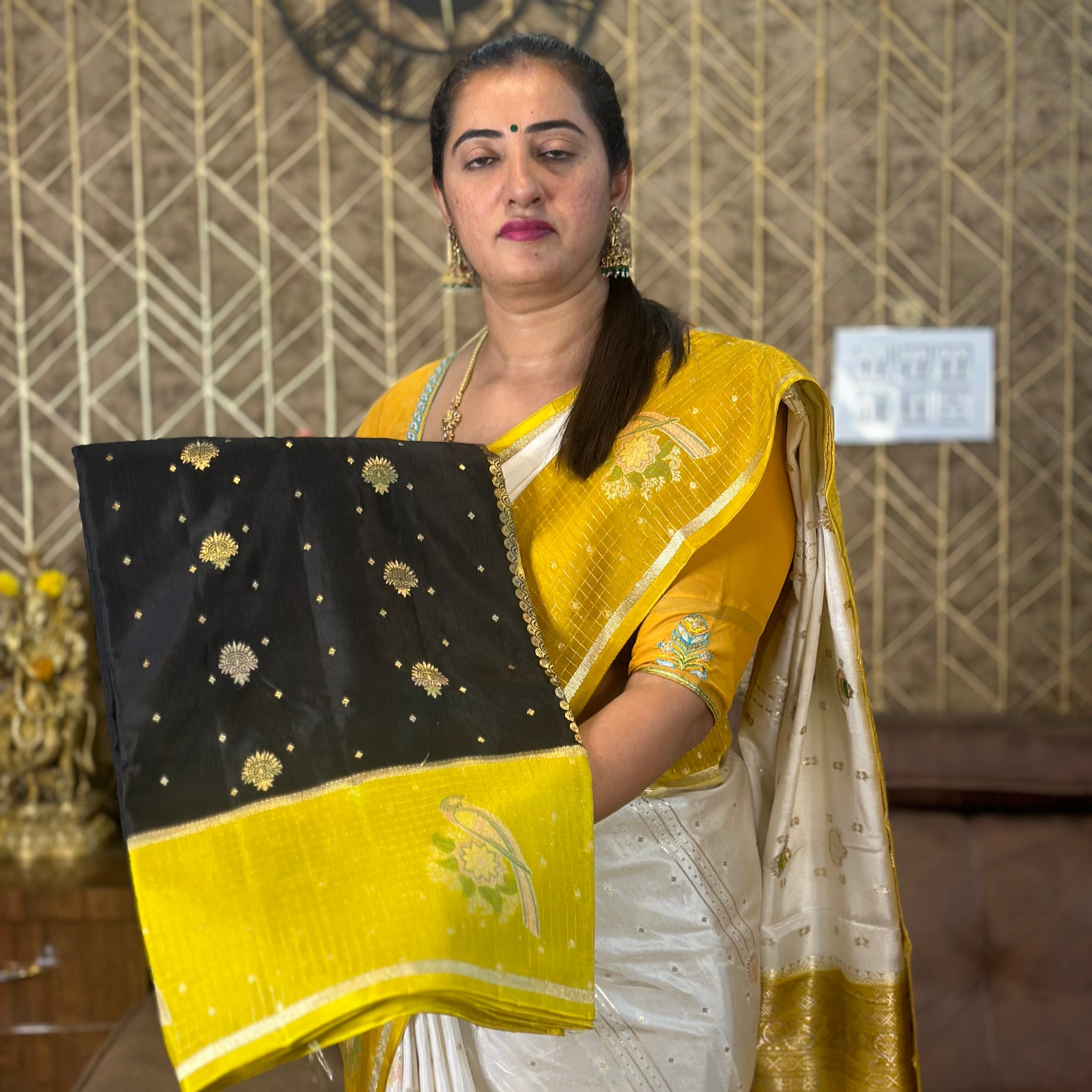 Black and mustard dola silk.