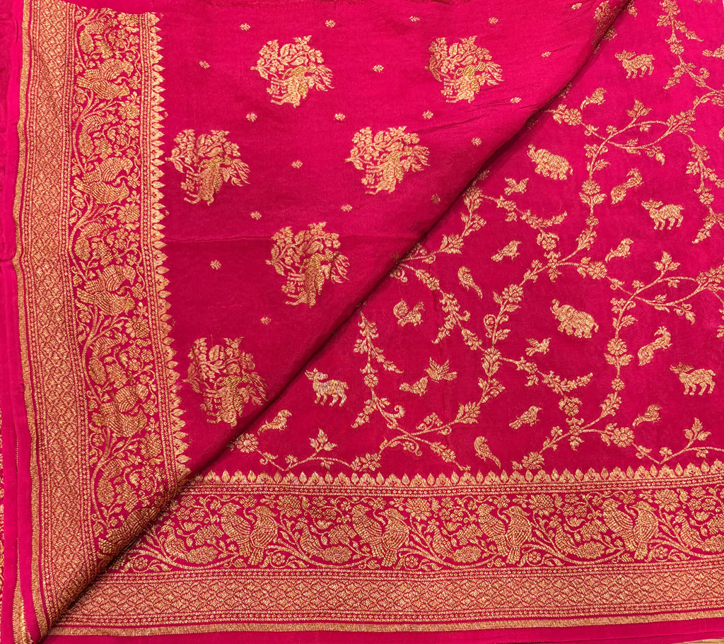 Rani pink jaal pattern pure benarasi crepe silk saree