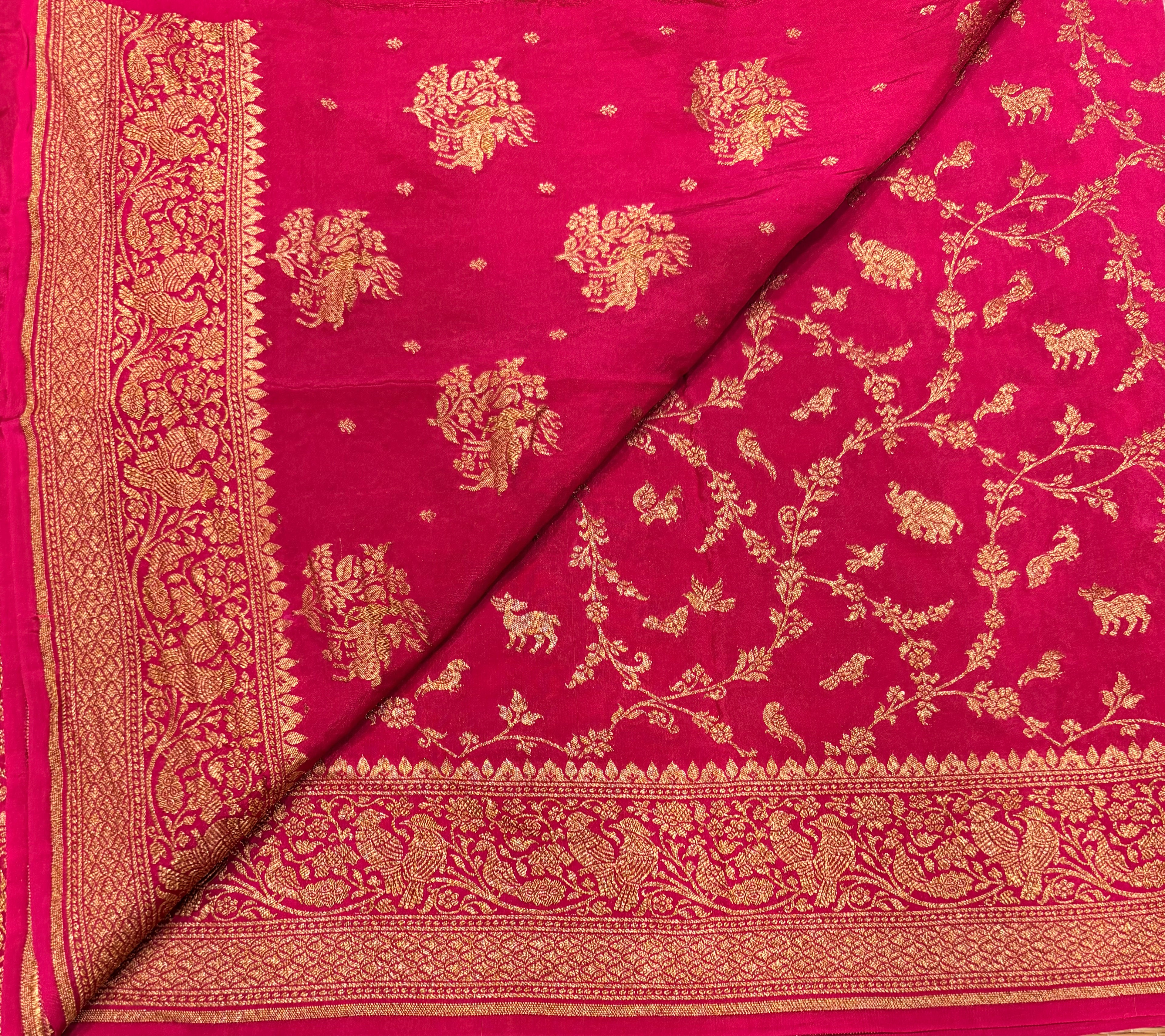 Rani pink jaal pattern pure benarasi crepe silk saree