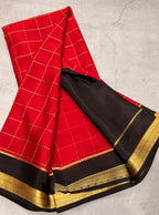 Red checks pure Mysore silk crepe saree