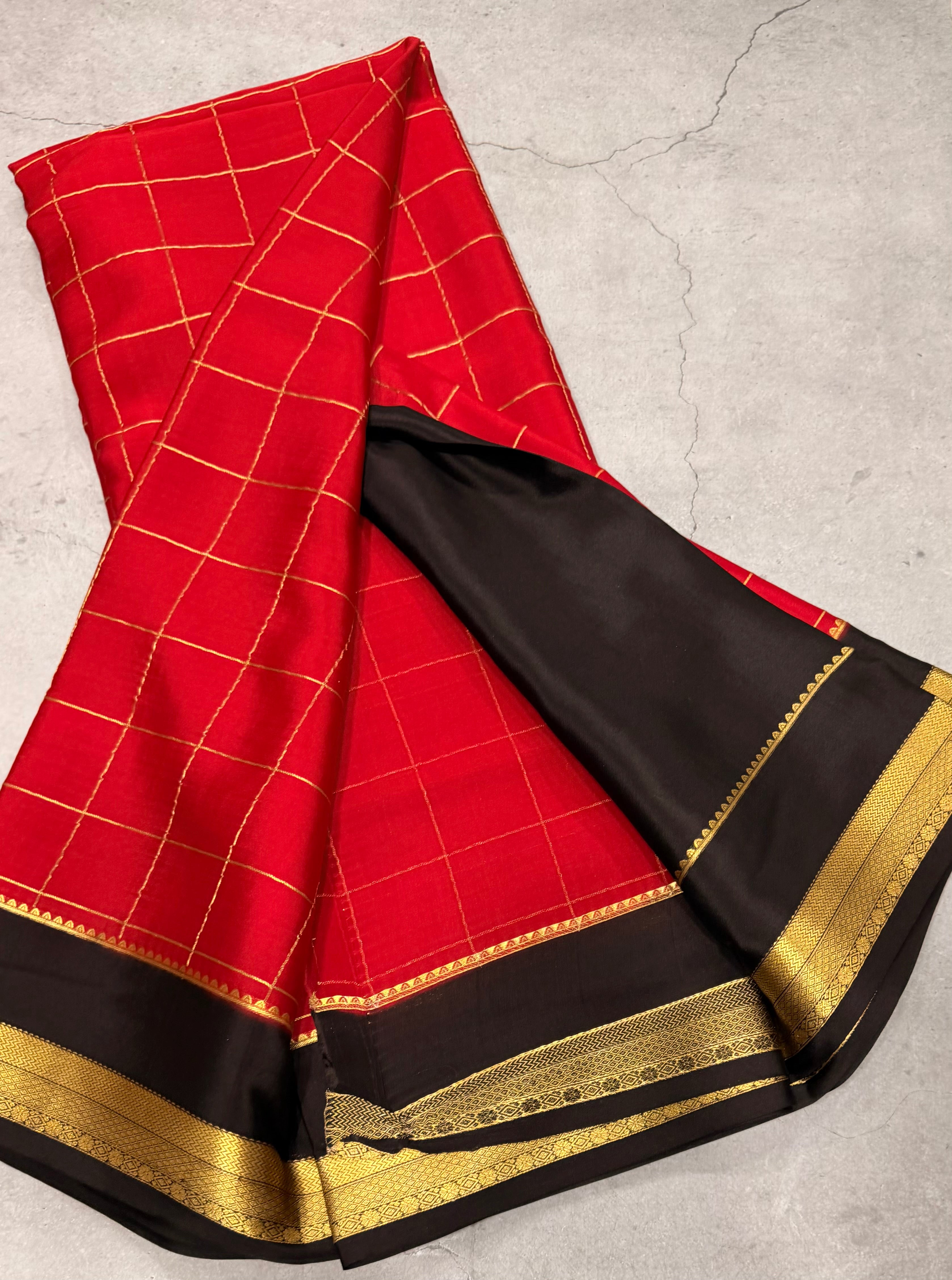 Red checks pure Mysore silk crepe saree