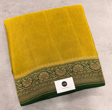 Yellow n bottle partly pallu pure benarasi crepe silk saree
