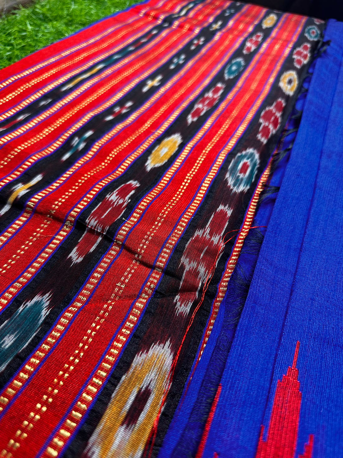 Raw silk,royal blue and red combination.