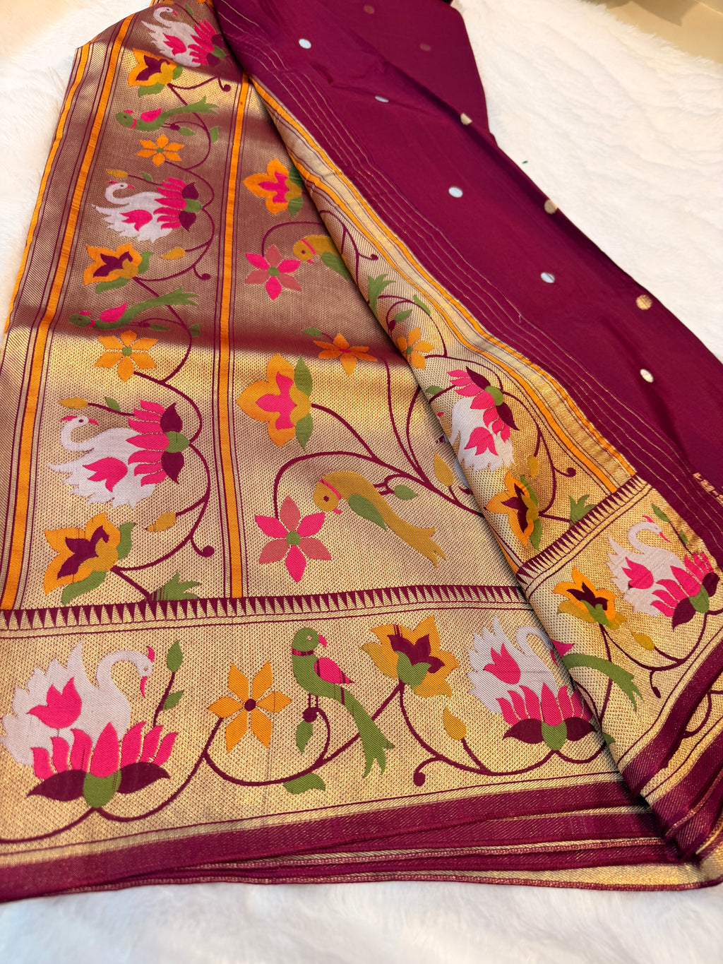 Wine pure paithani swan & peacock border saree