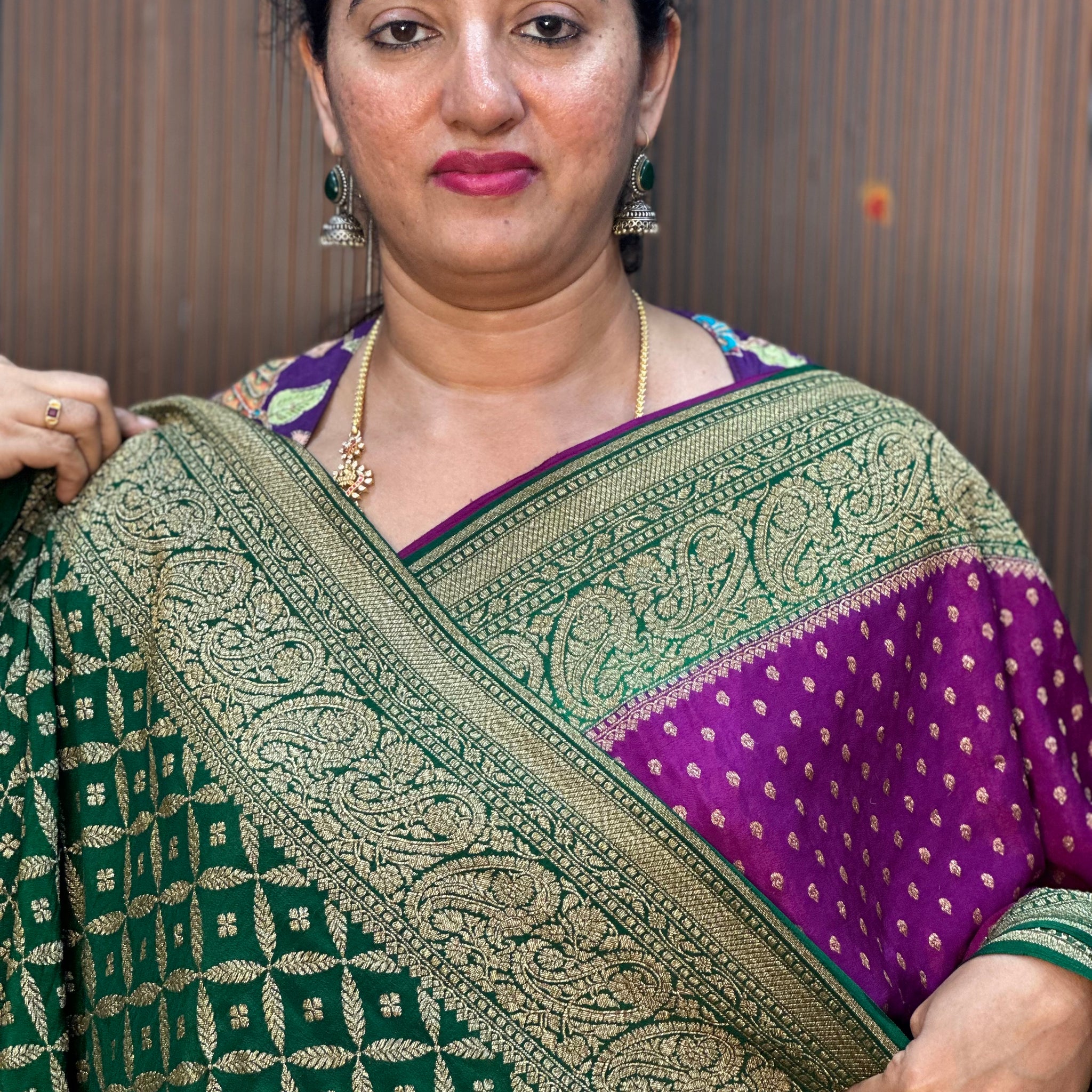 Brinjal colours with green Pure crepe Banaras silk sarees