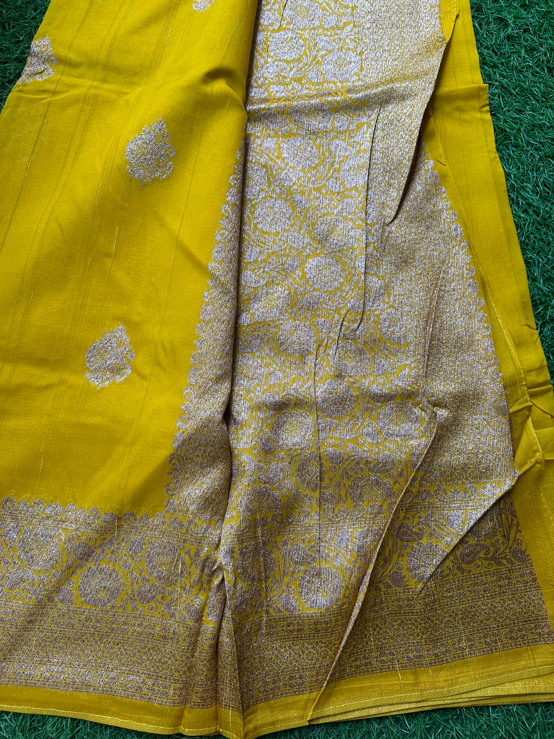 Mustard semi raw silk Banaras.
