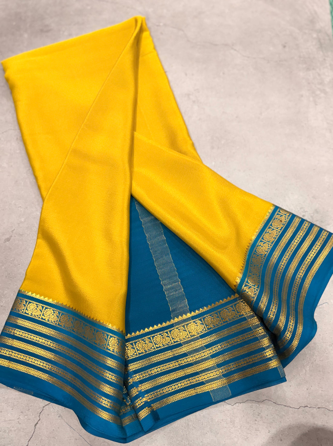 Neon yellow stripes border pure Mysore silk crepe saree
