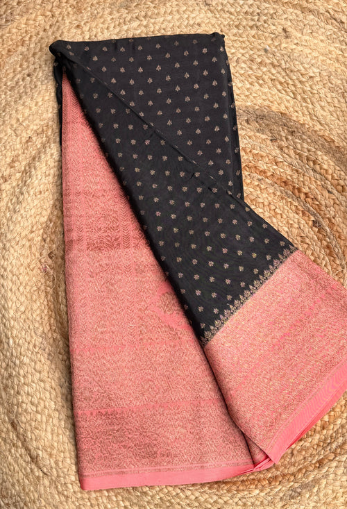 Black n pink small butta benarasi crepe saree