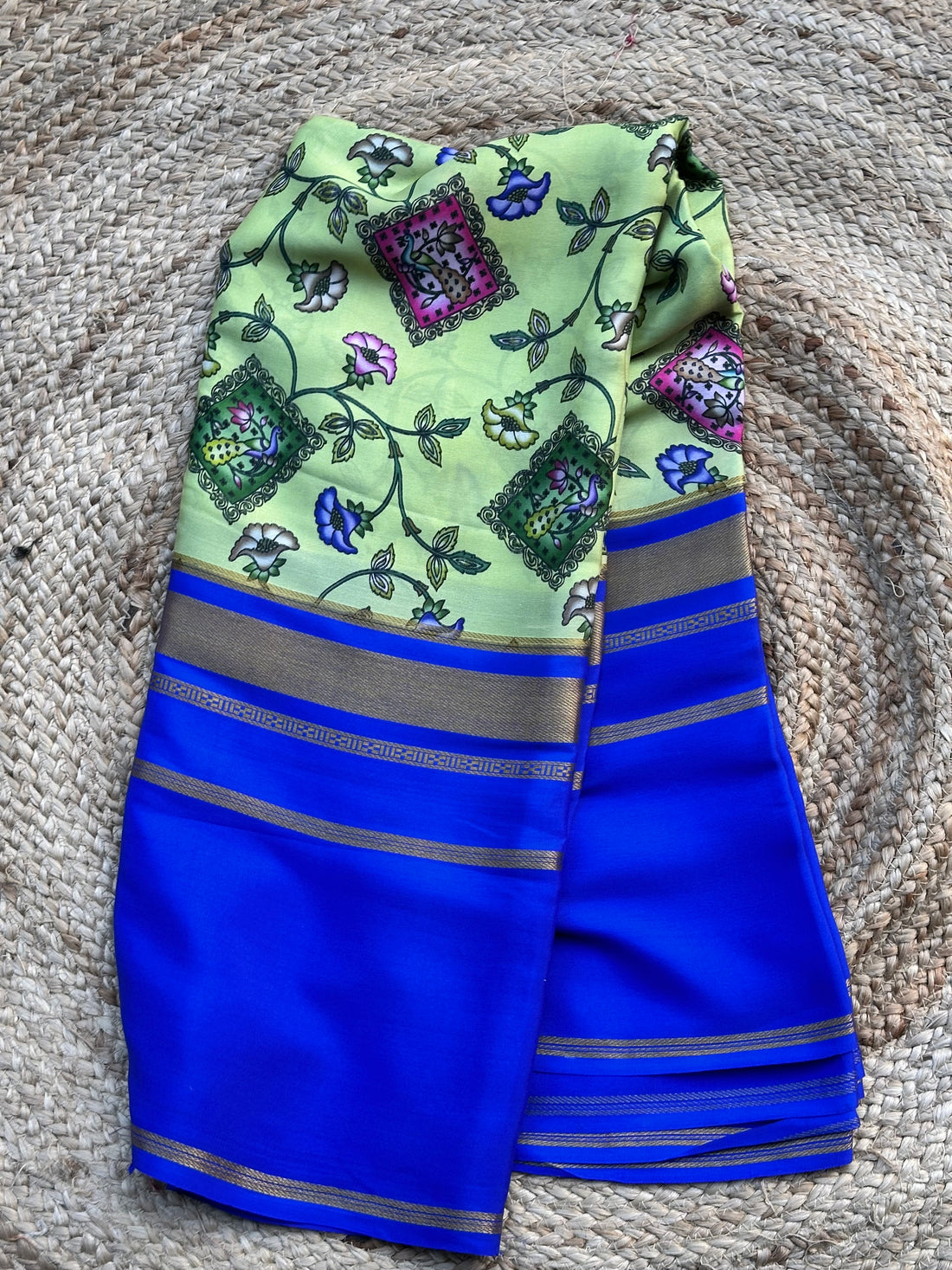 Royal blue and green digital prints crepe Mysore Silk sarees