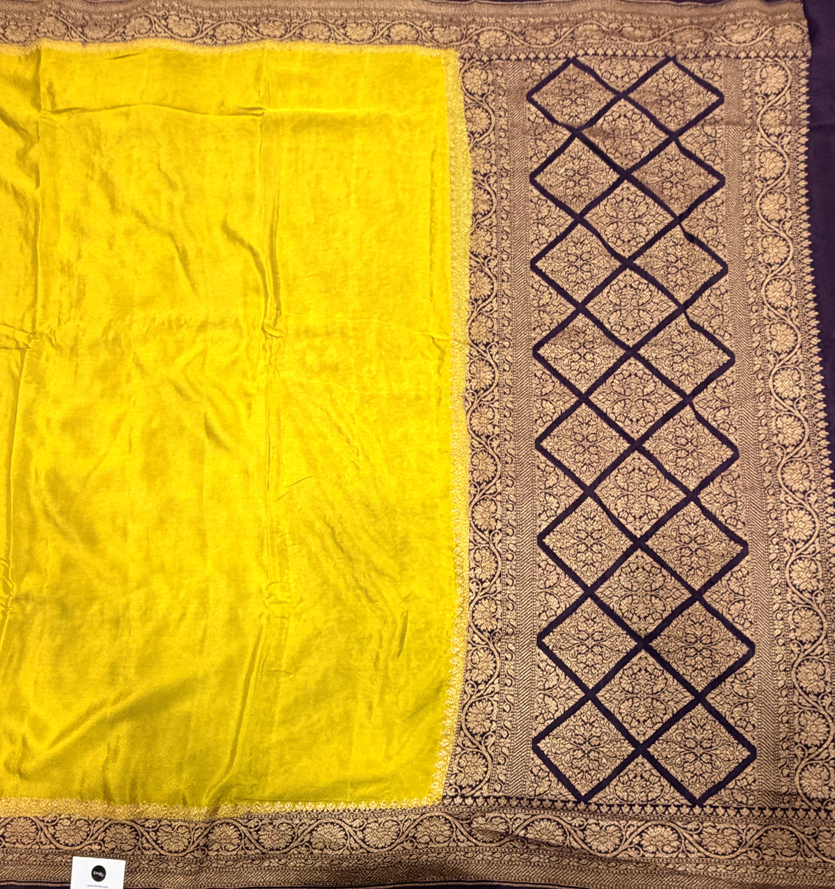 Neon yellow n navy blue partly pallu pure benarasi crepe silk saree