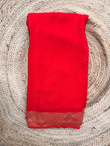 Plain Crepe Banarasi Pure with Leharia Pattern Blouse Bright Red