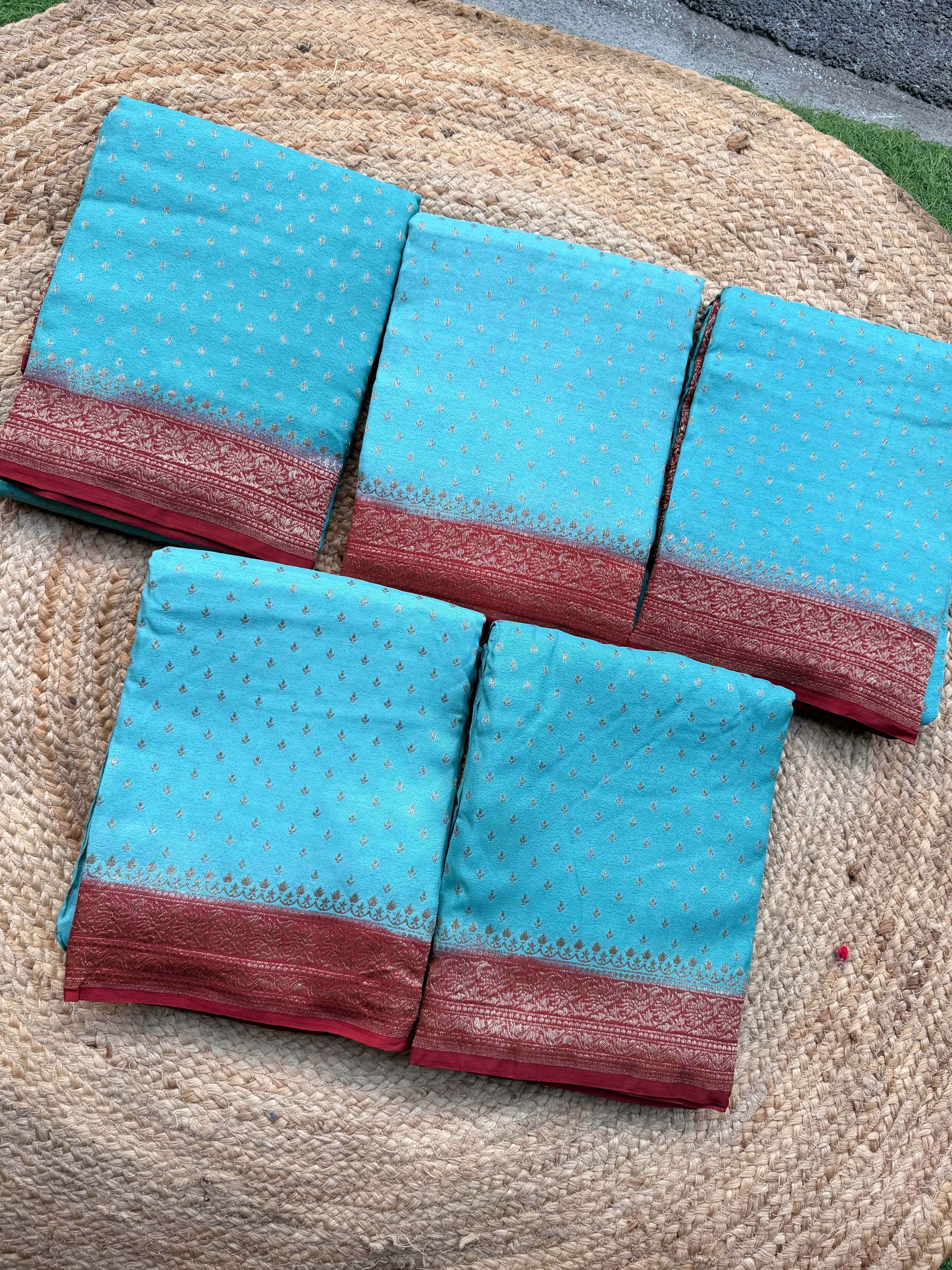 Sea blue with maroon Banaras crepe chiffon