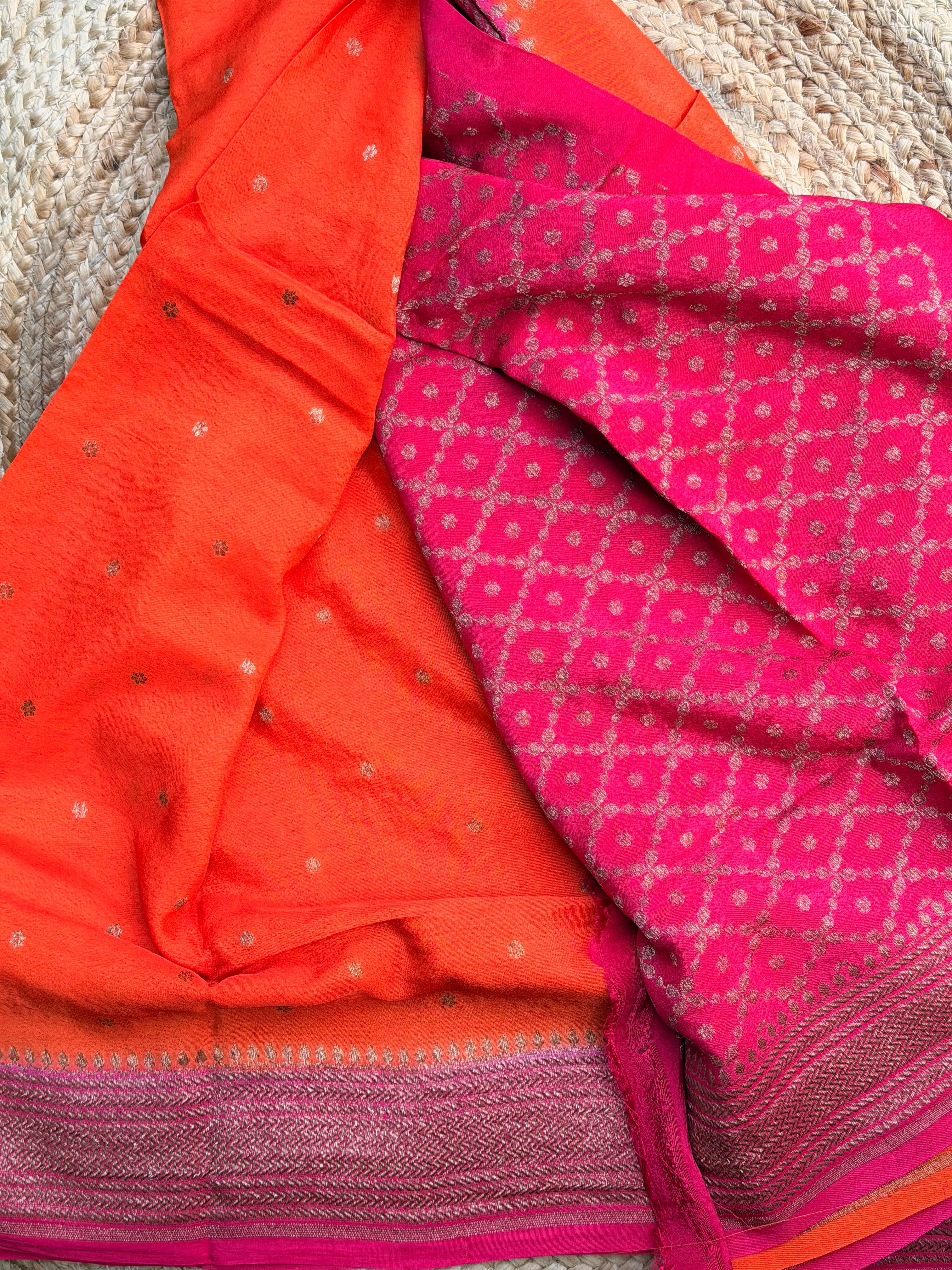 Orange and pink Banarasi crepe chiffon konia design