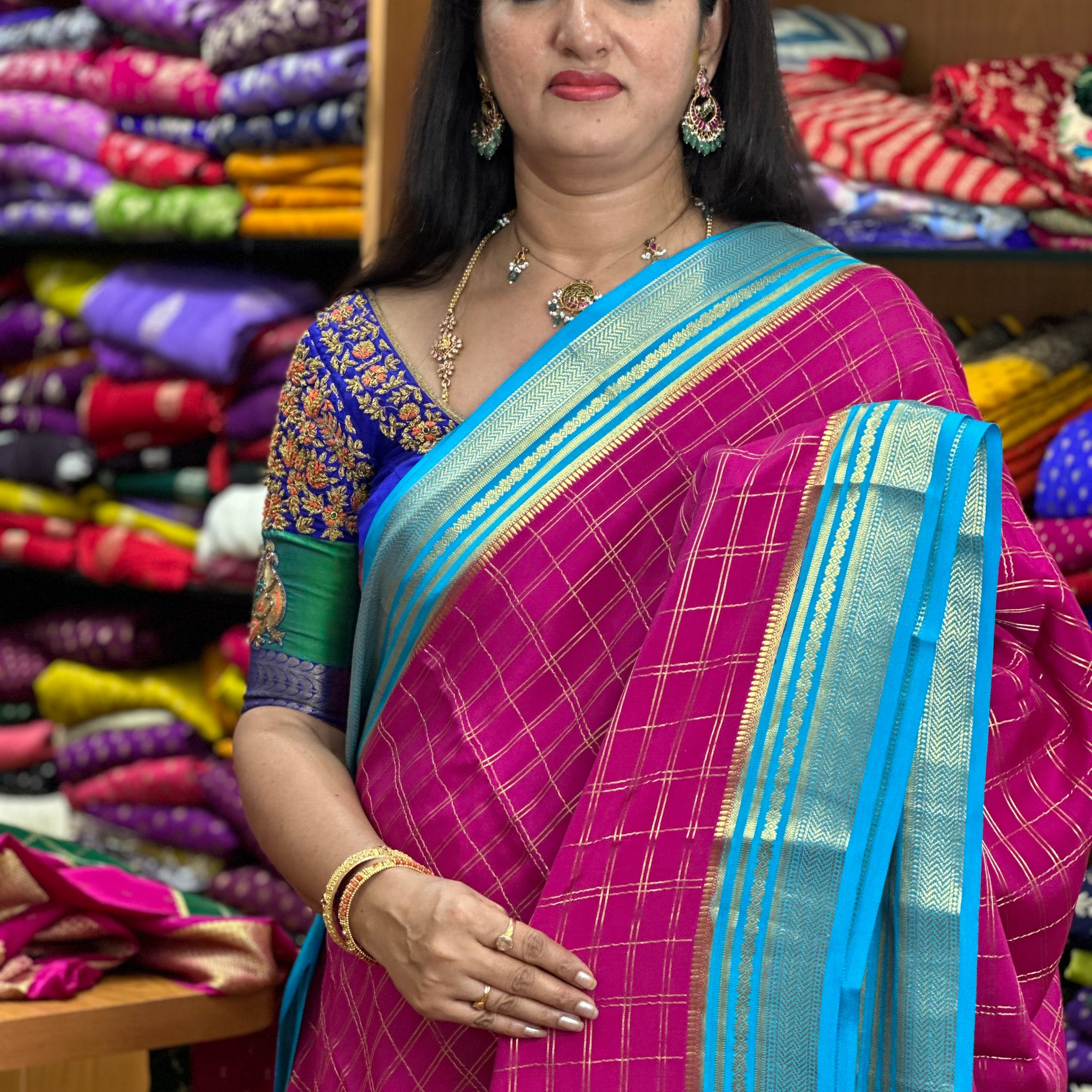 Pink and sky blue pure crepe Mysore Silk sarees 120 gsm